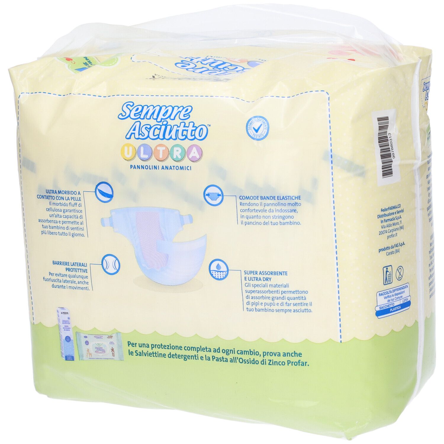 Lato della confezione di pannolini Profar Sempre Asciutto Ultra New Born con illustrazioni dettagliate.