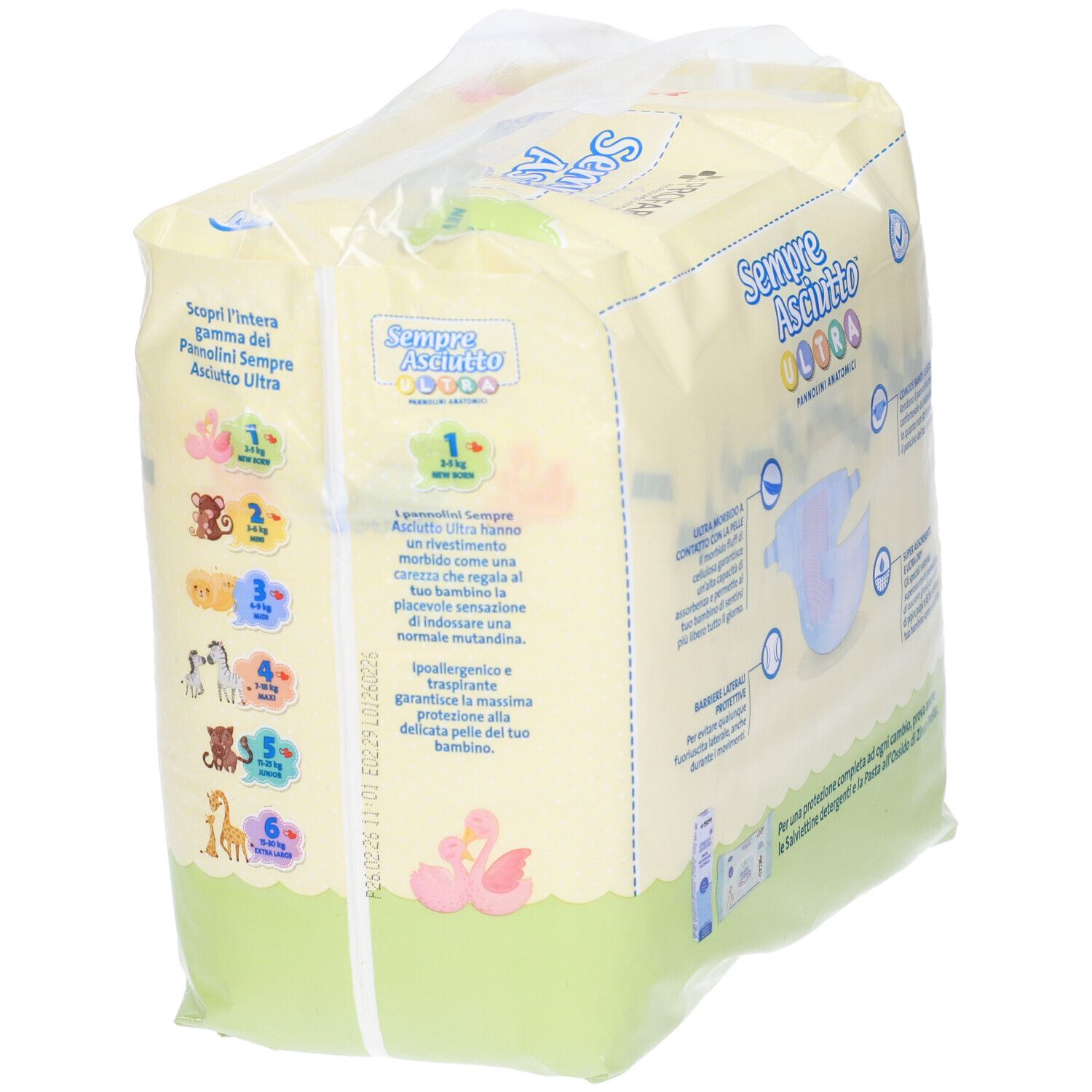 Confezione pannolini Profar Sempre Asciutto Ultra New Born con guida taglie e illustrazioni animali.