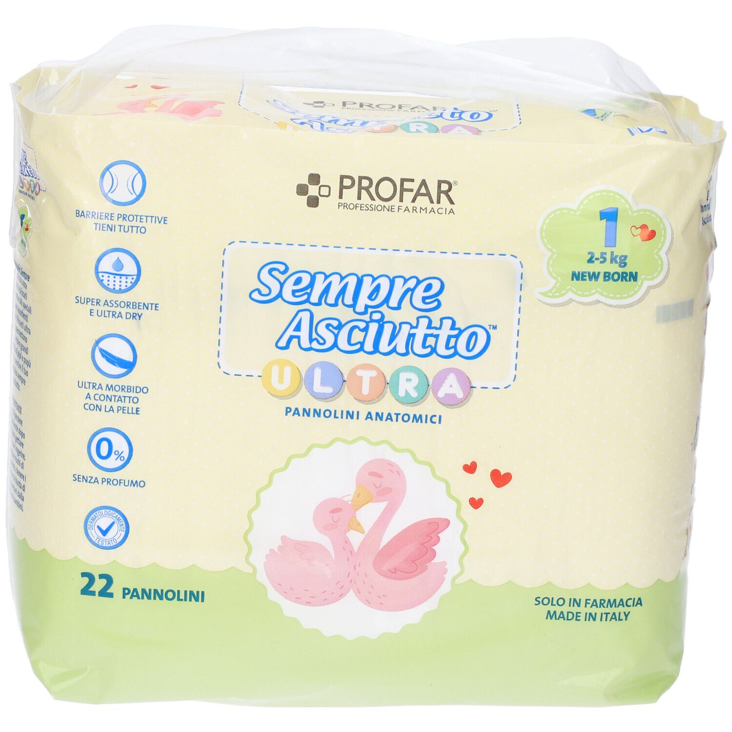 Fronte della confezione di pannolini Profar Sempre Asciutto Ultra New Born, 2-5 kg, 22 pezzi.