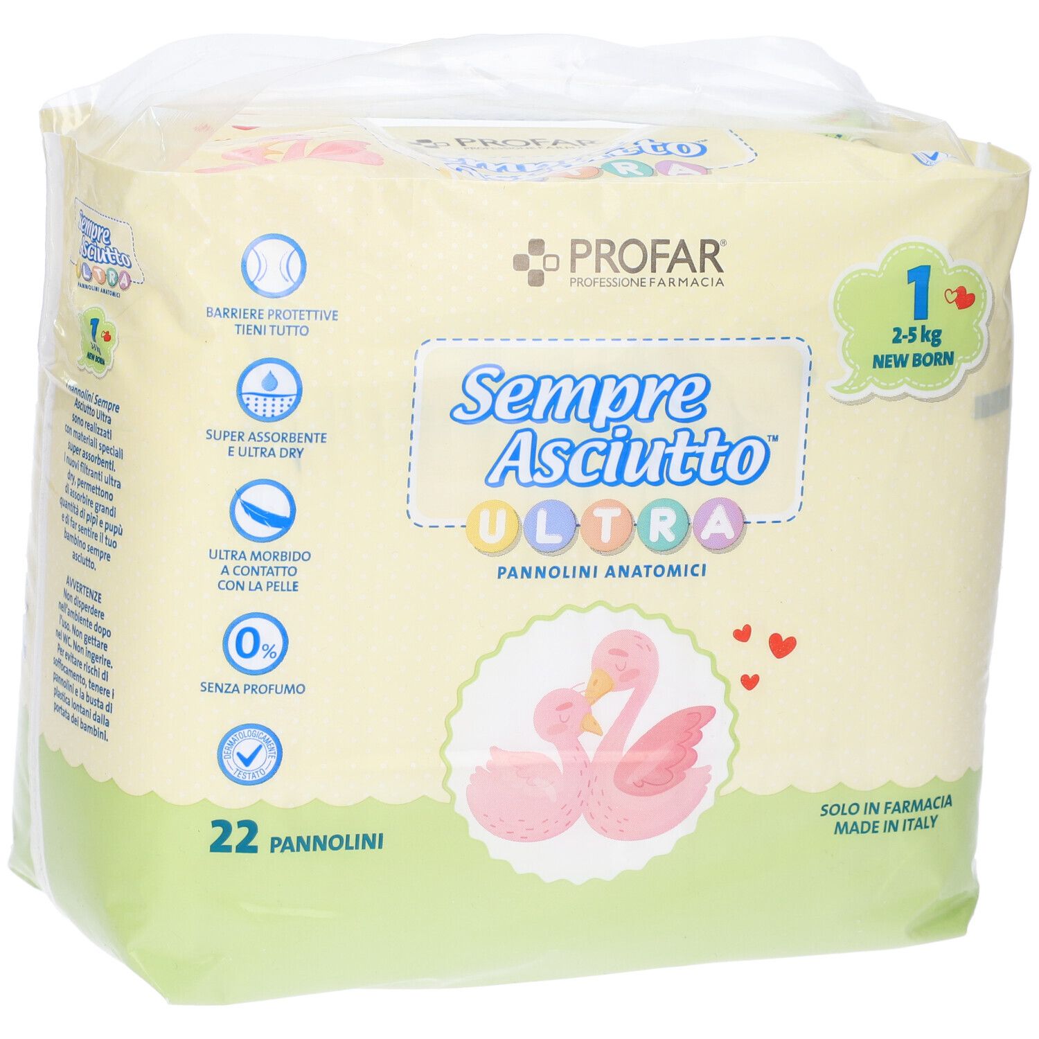 Confezione pannolini Profar Sempre Asciutto Ultra New Born con caratteristiche prodotto e motivo cigno.