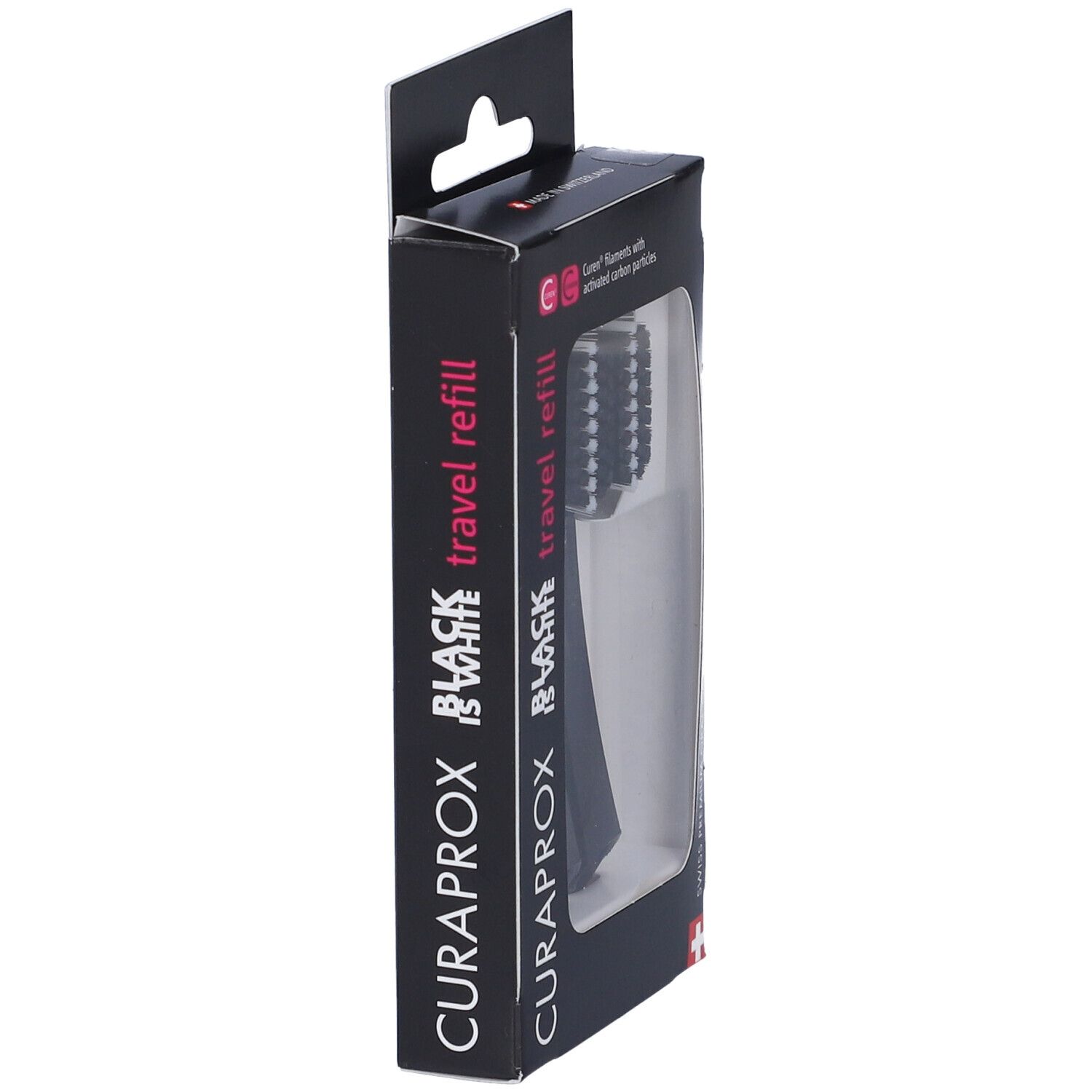 Confezione con testine di ricambio nere per spazzolino. Marchio Curaprox, scritta Black is White. Vista laterale.