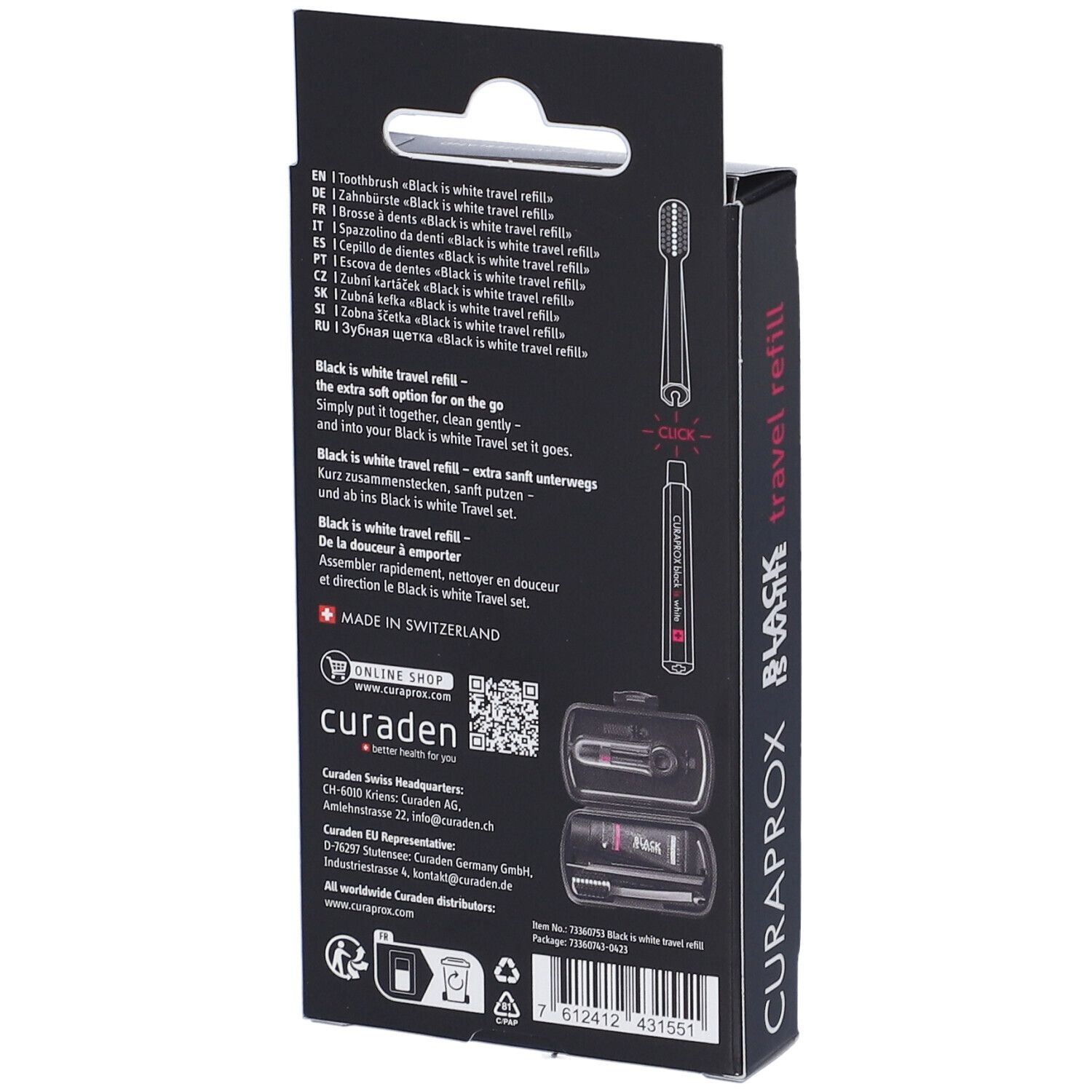 Retro della confezione con testo. Marchio Curaprox, scritta Black is White. Illustrazioni e informazioni sul prodotto.