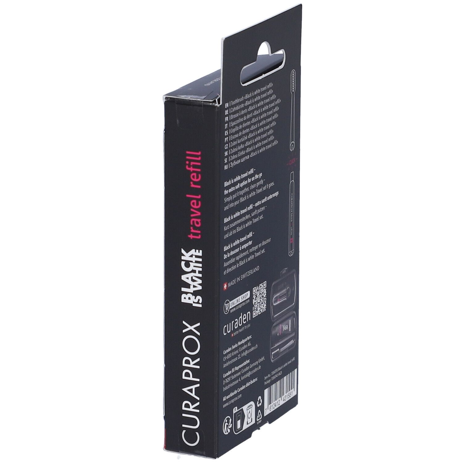 Confezione con testine di ricambio nere per spazzolino. Marchio Curaprox, scritta Black is White. Vista laterale.
