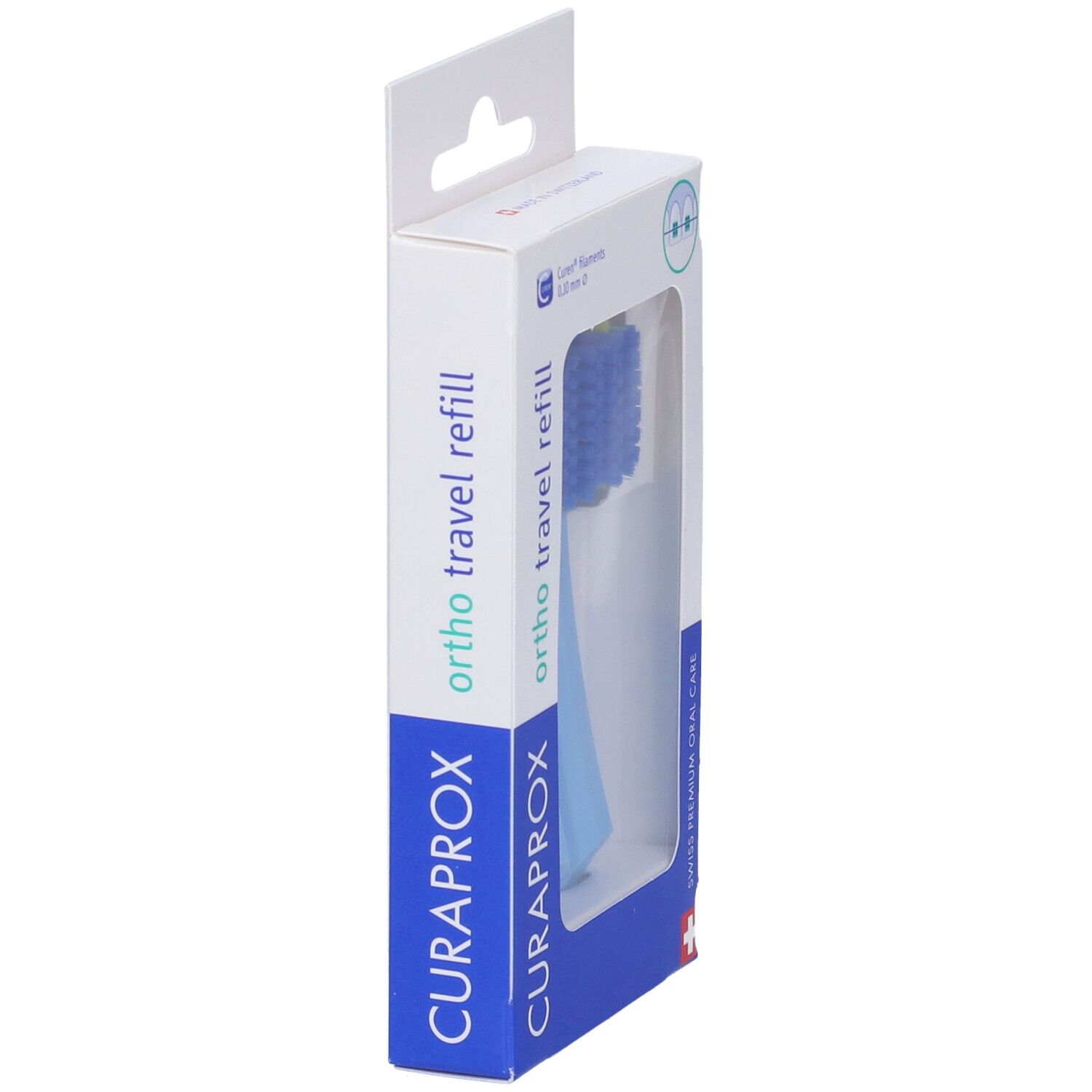 Confezione con una testina blu per spazzolino. Marchio Curaprox, "ortho travel refill".