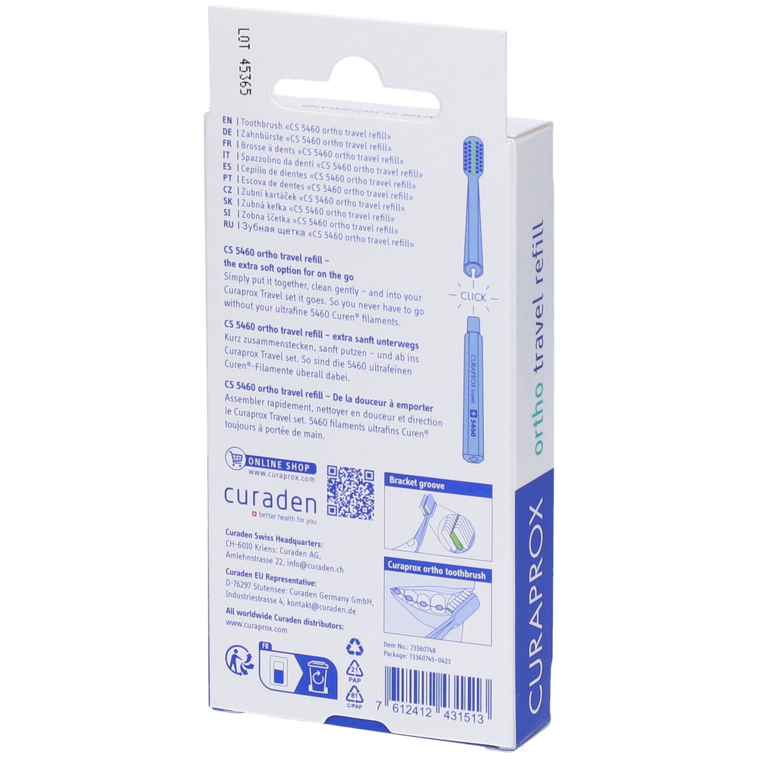 Retro della confezione. Testo: Curaprox, ortho travel refill. Illustrazioni e testo.