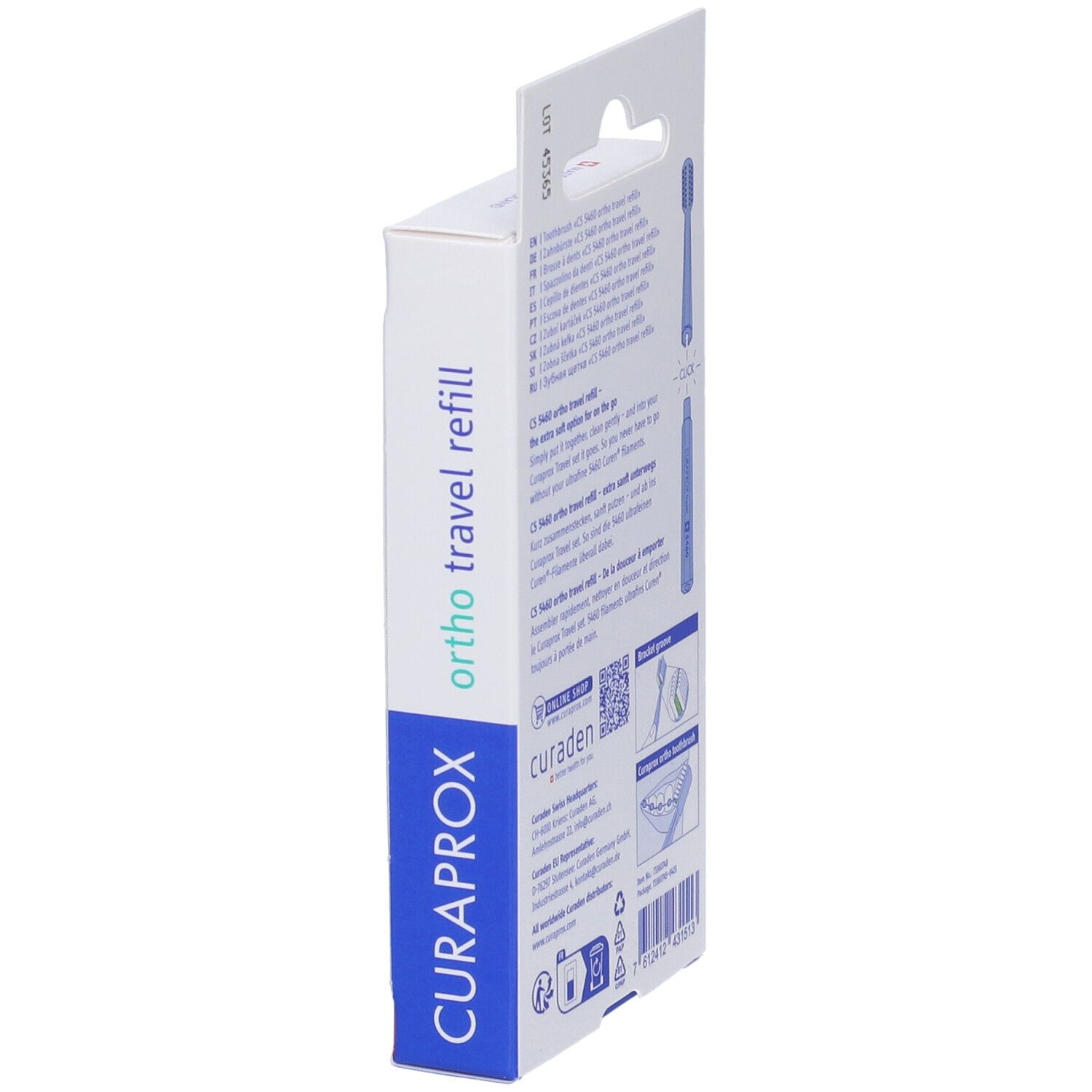 Confezione, retro. Testo: Curaprox, ortho travel refill. Illustrazioni e testo.