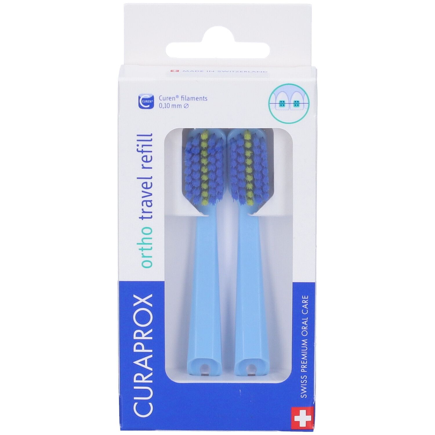 Due testine blu per spazzolino in confezione. Marchio Curaprox, "ortho travel refill".
