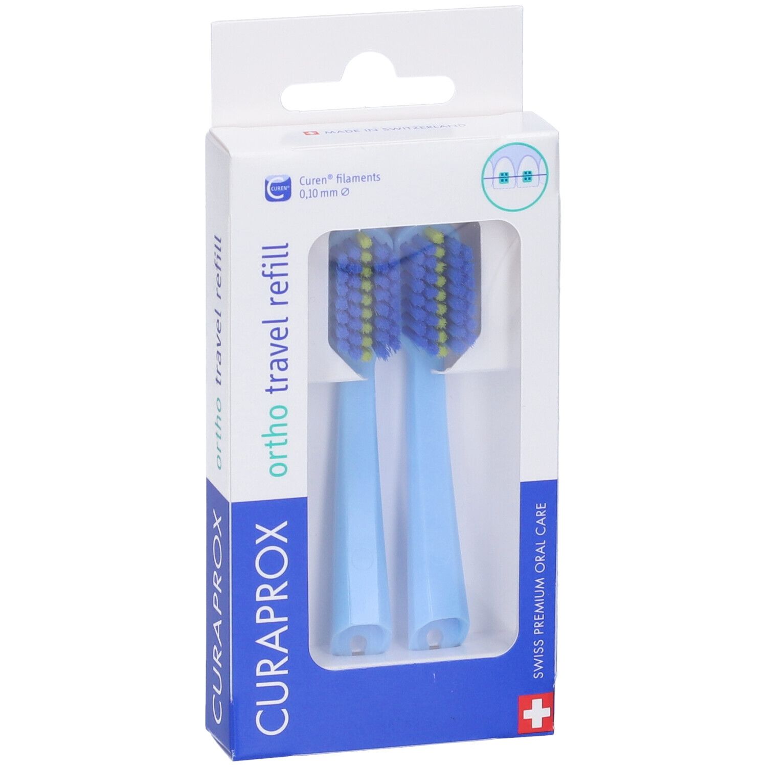 Due testine blu per spazzolino in confezione. Marchio Curaprox, "ortho travel refill".