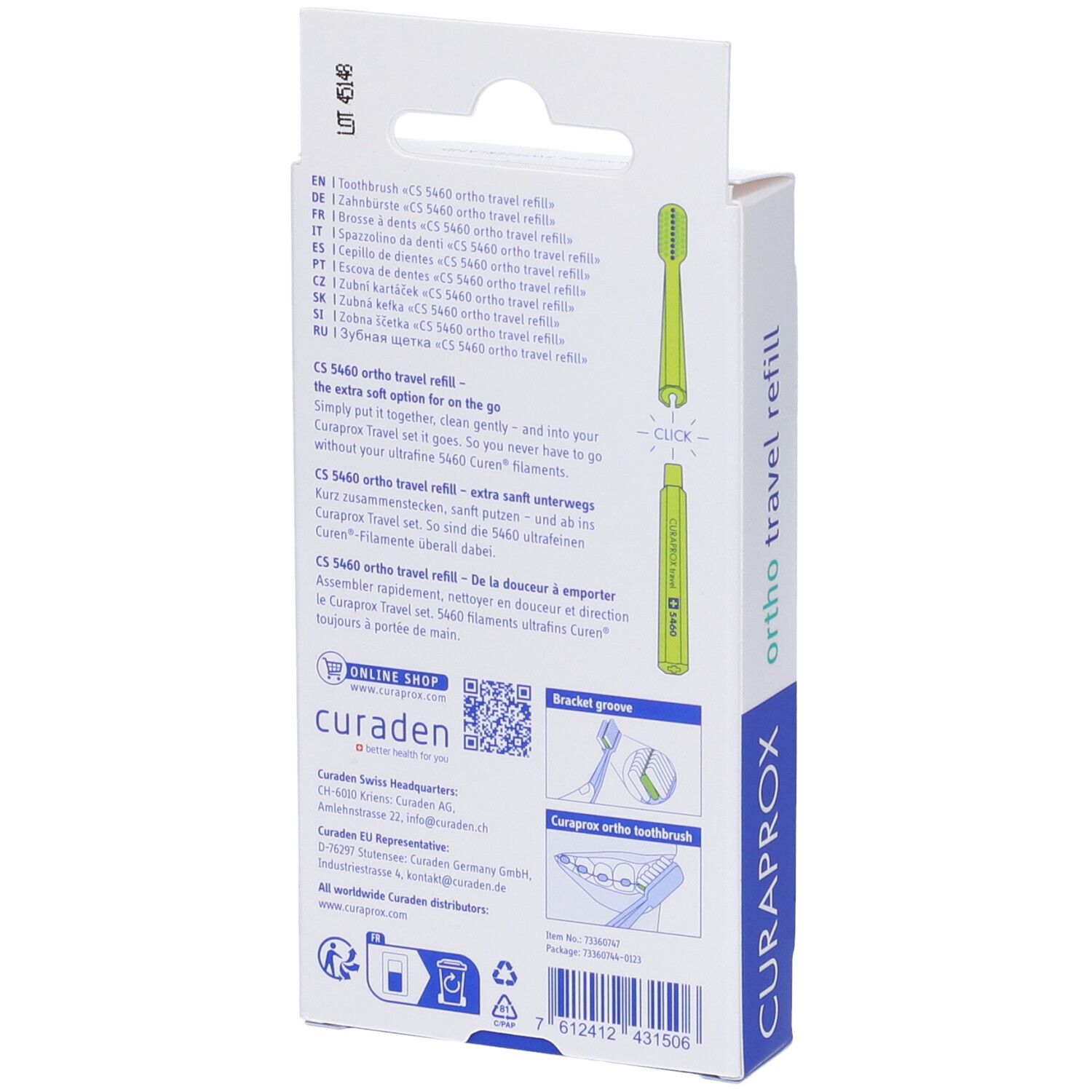 Retro della confezione bianca. Testo: Curaprox, Ortho Travel Refill. Illustrazioni e testo multilingue.