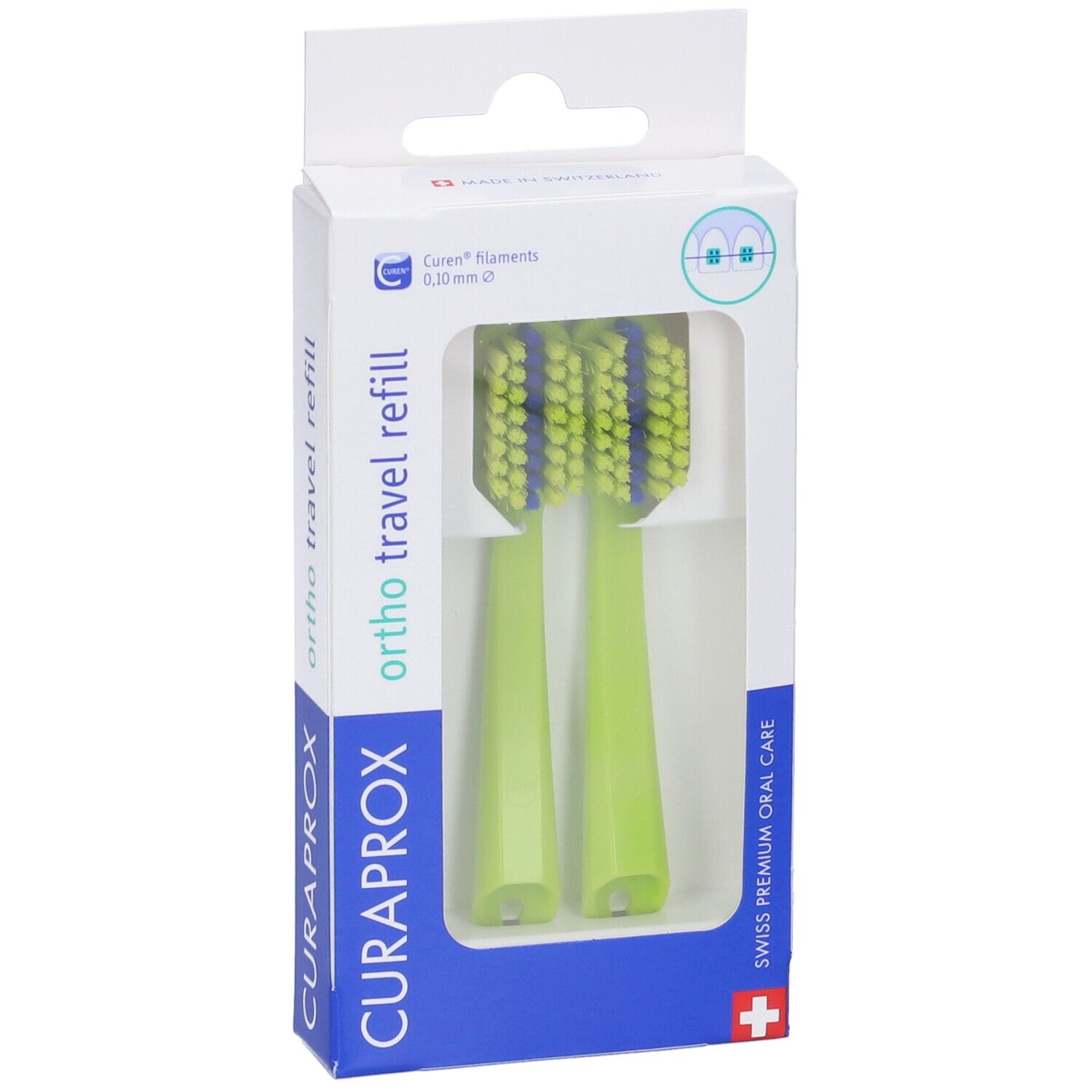 Due testine con setole blu e verdi in confezione bianca con finestra. Marca: Curaprox.