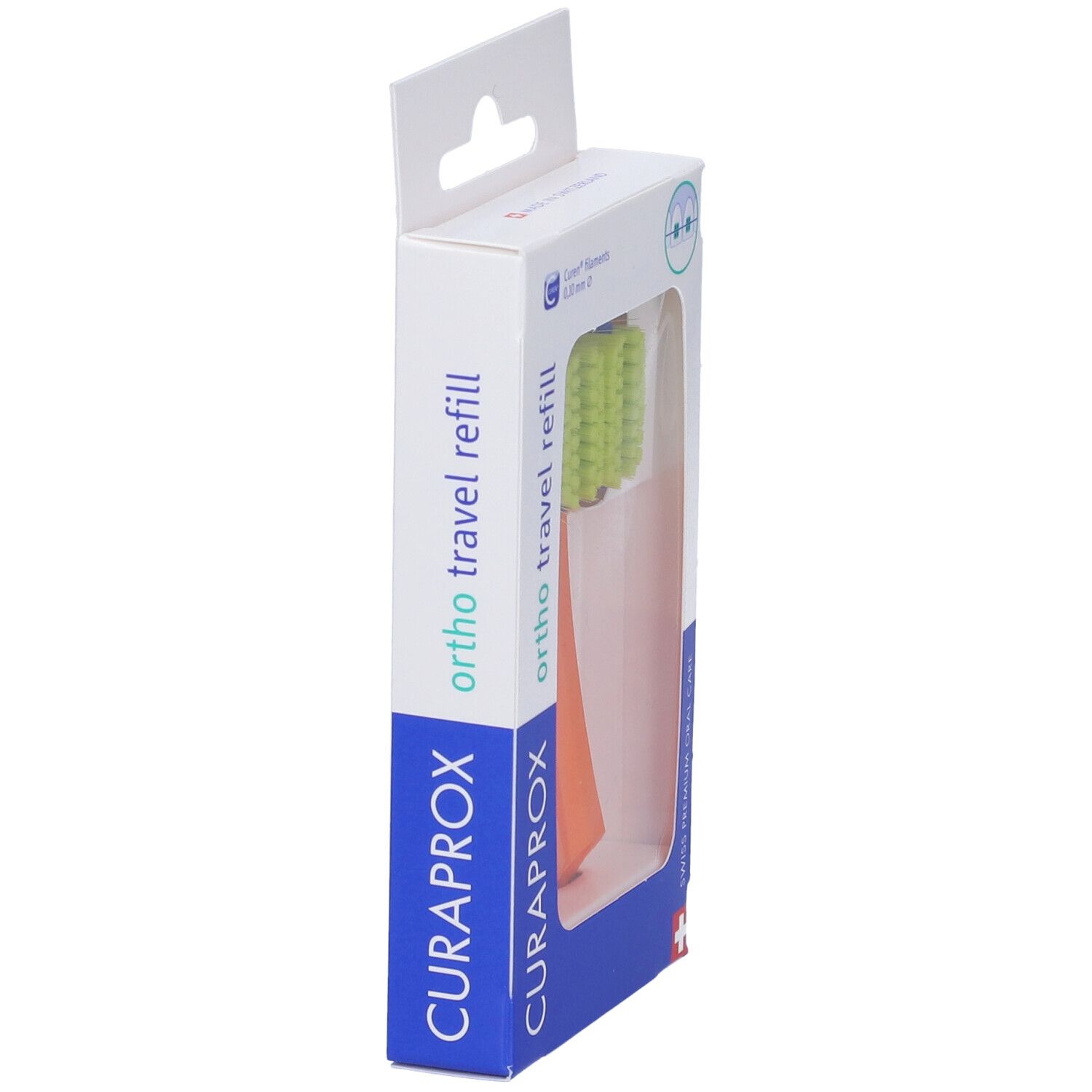Confezione bianca con testina arancione. Marchio: CURAPROX. Finestra.
