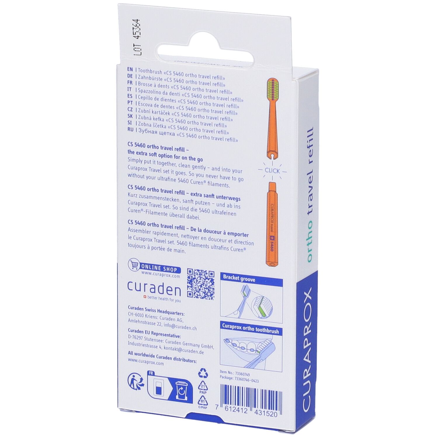 Retro della confezione con testo e illustrazioni. Marchio: CURAPROX. Contiene informazioni.