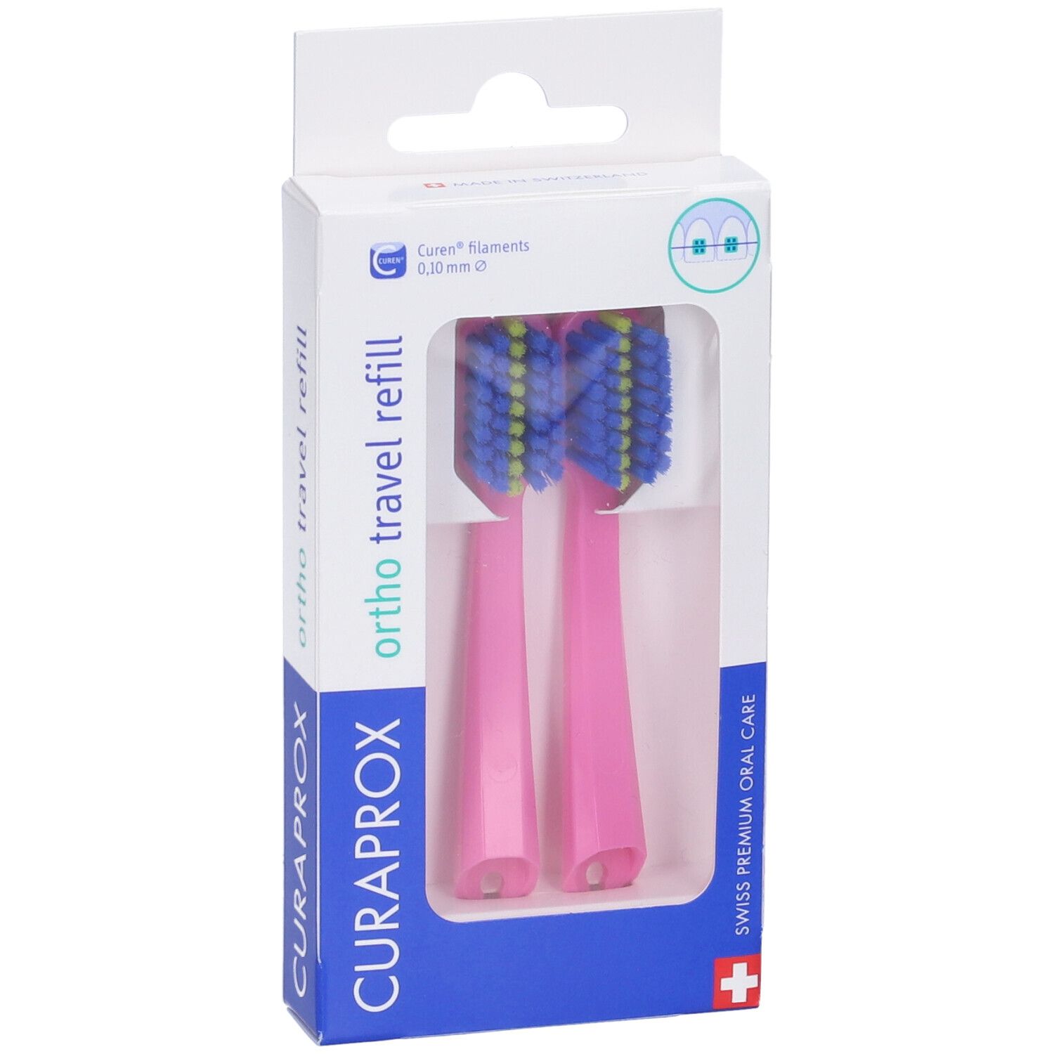 Due testine rosa in confezione bianca. Setole blu e gialle. Marchio: Curaprox.