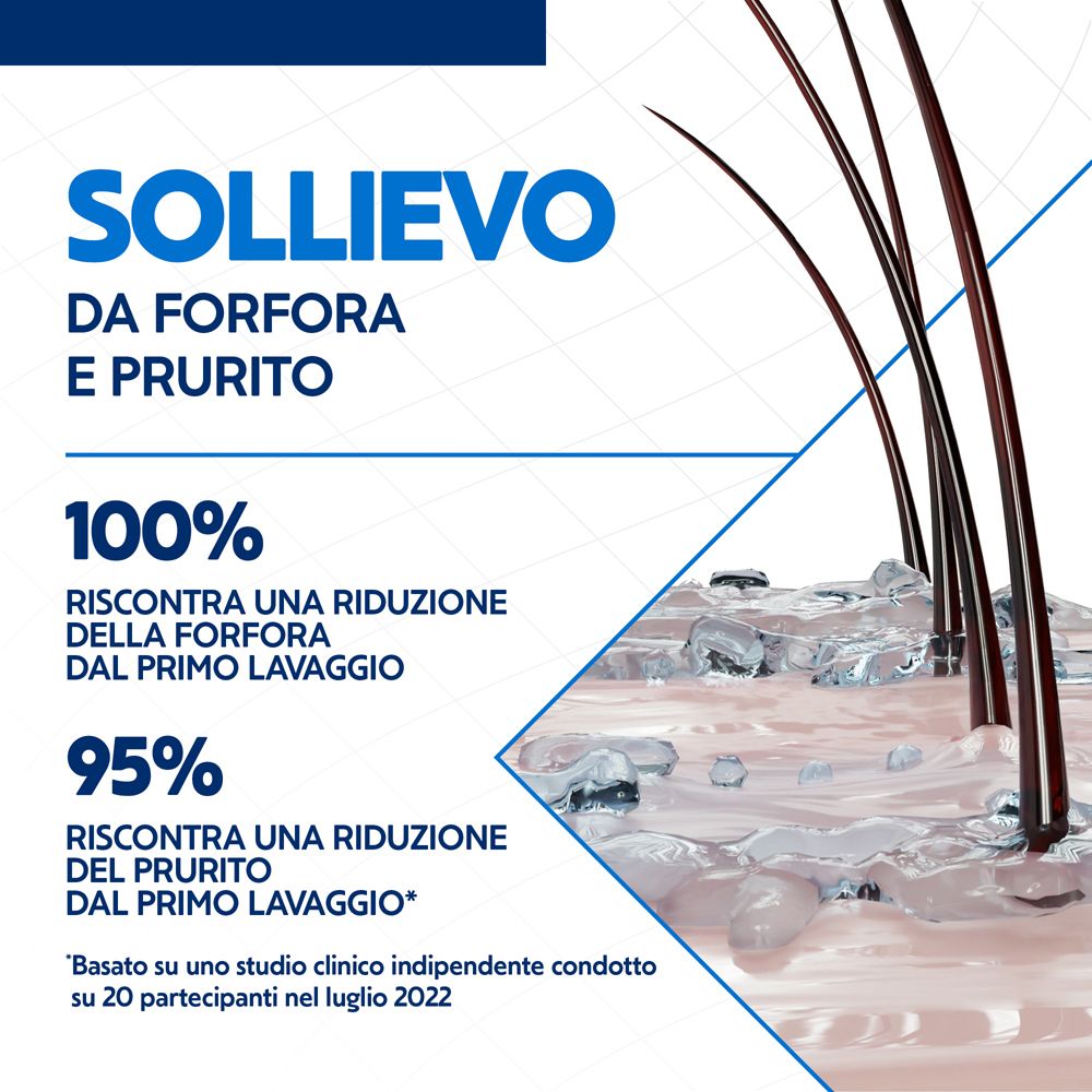 Grafico con capelli e pelle. Testo: 100% riduzione della forfora, 95% riduzione del prurito dal primo lavaggio.