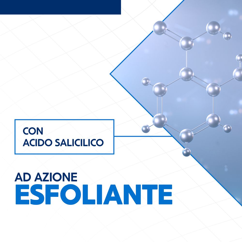 Grafico con struttura molecolare. Testo: Con acido salicilico, ad azione esfoliante.