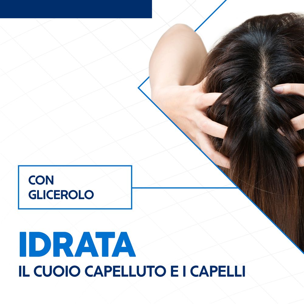 Grafico con struttura molecolare. Testo: Con glicerolo, idrata il cuoio capelluto e i capelli.