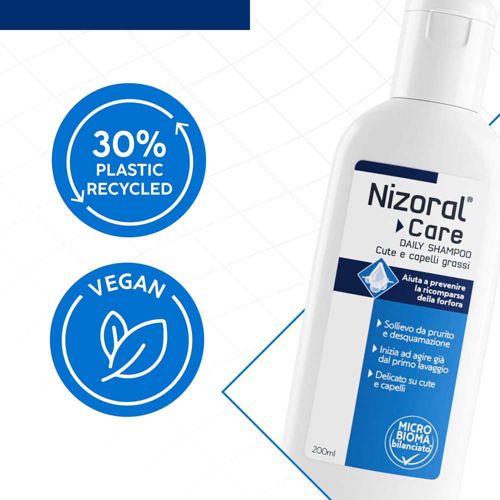 Flacone bianco di shampoo quotidiano Nizoral Care. Testo: 30% plastica riciclata, vegano.