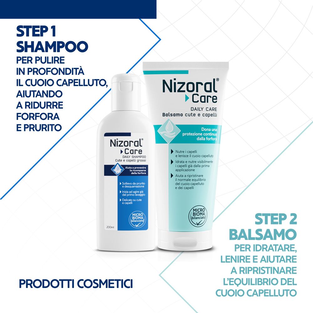 Shampoo e balsamo Nizoral Care. Testo: Step 1 Shampoo, Step 2 Balsamo.