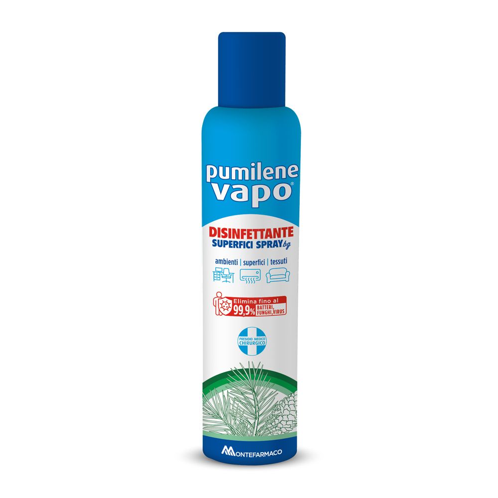 Flacone spray blu. Scritta: Pumilene Vapo, Disinfettante Superfici Spray. Logo 99,9% eliminazione.
