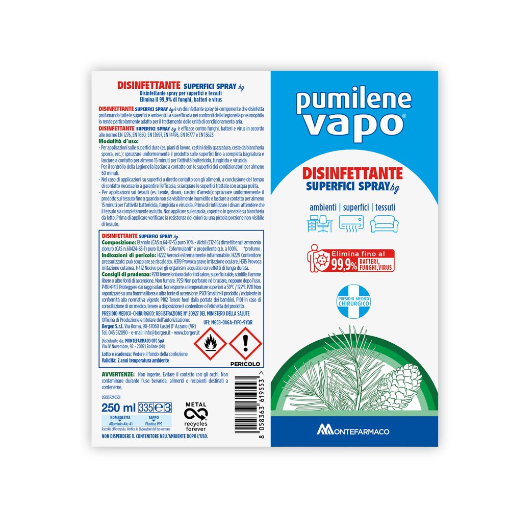 Etichetta con testo: Pumilene Vapo, Disinfettante Superfici Spray. Avvertenze, informazioni produttore.