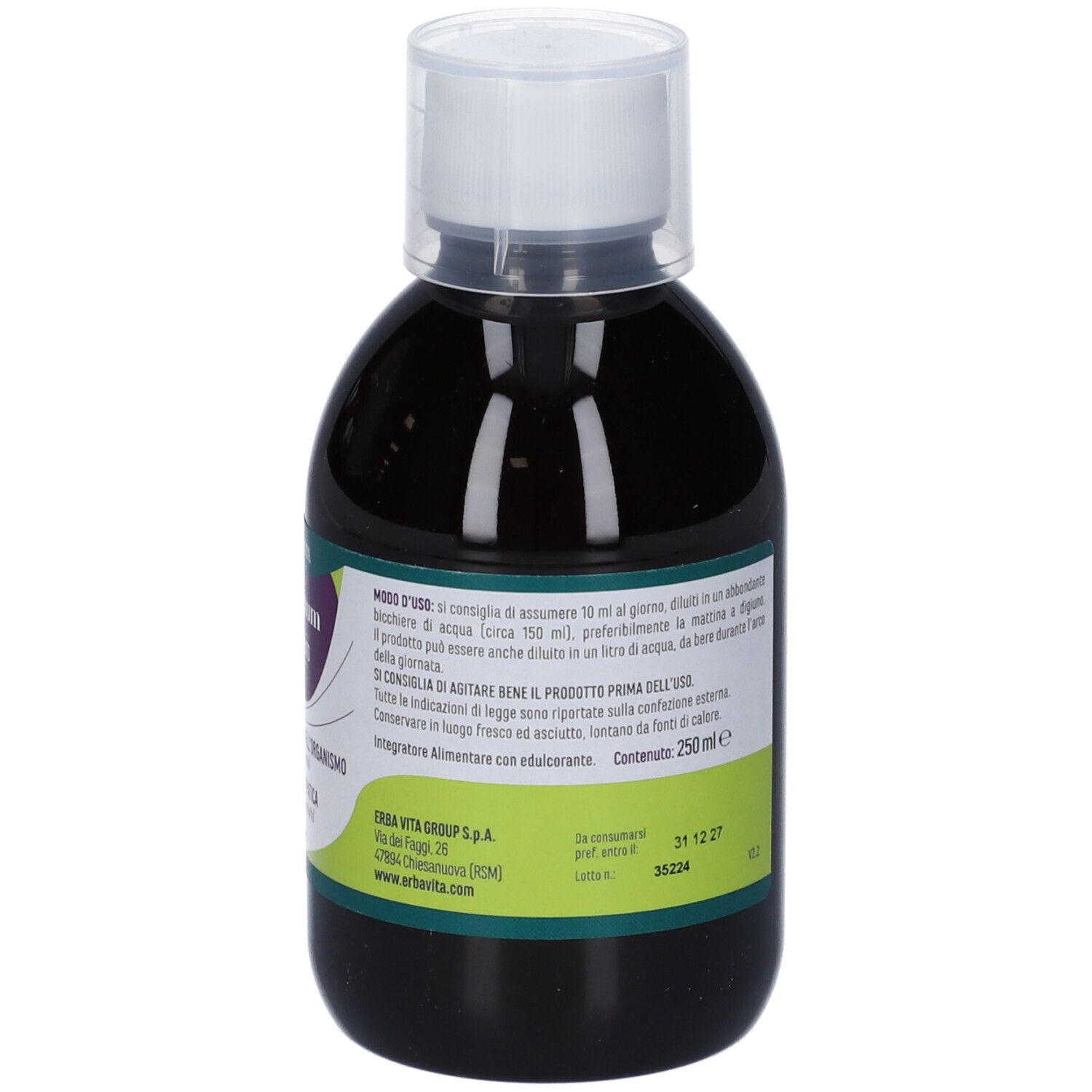 Bottiglia di liquido marrone con tappo bianco. L'etichetta mostra istruzioni per l'uso e ingredienti.