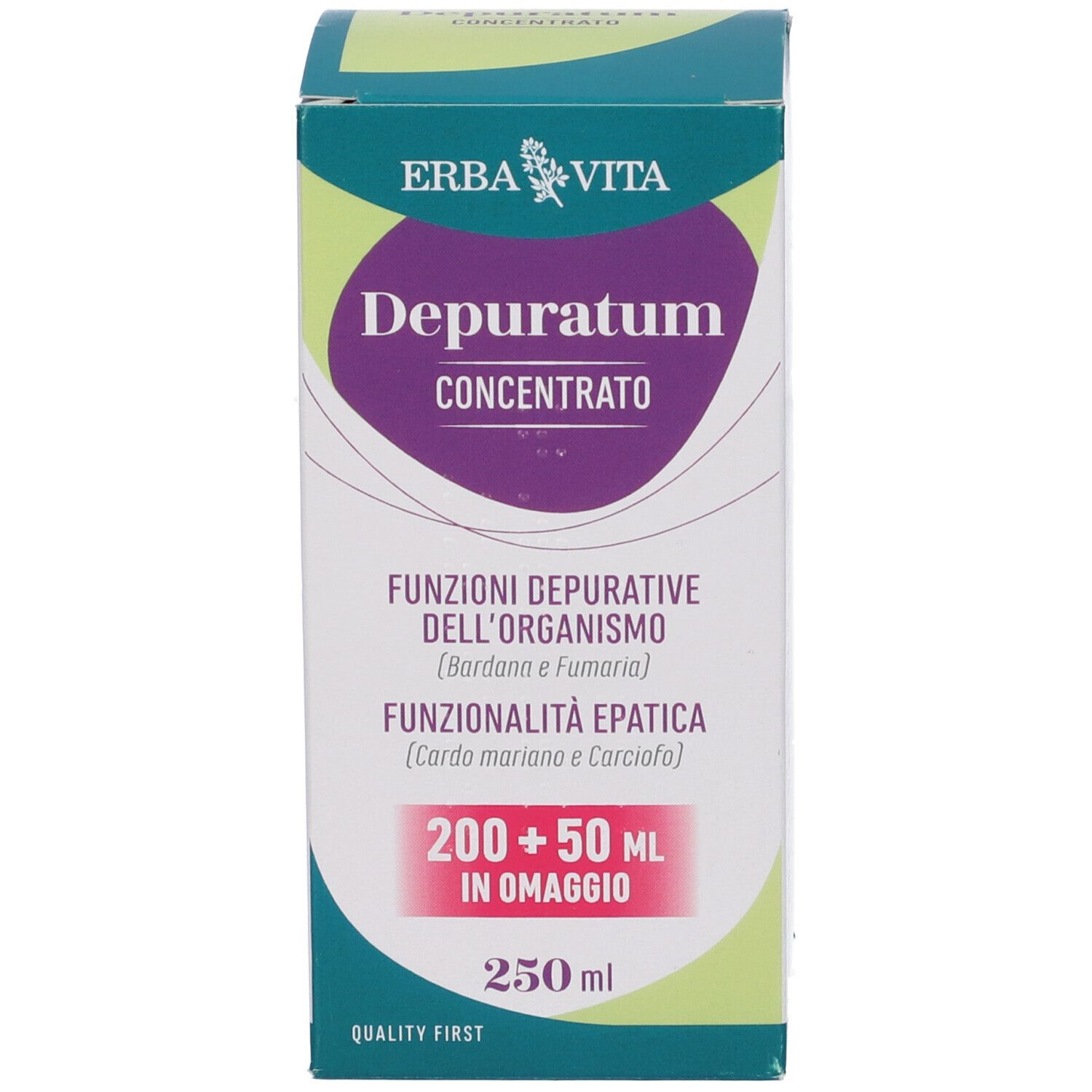 Confezione con "Erba Vita Depuratum Concentrato". Contiene 200+50 ml.