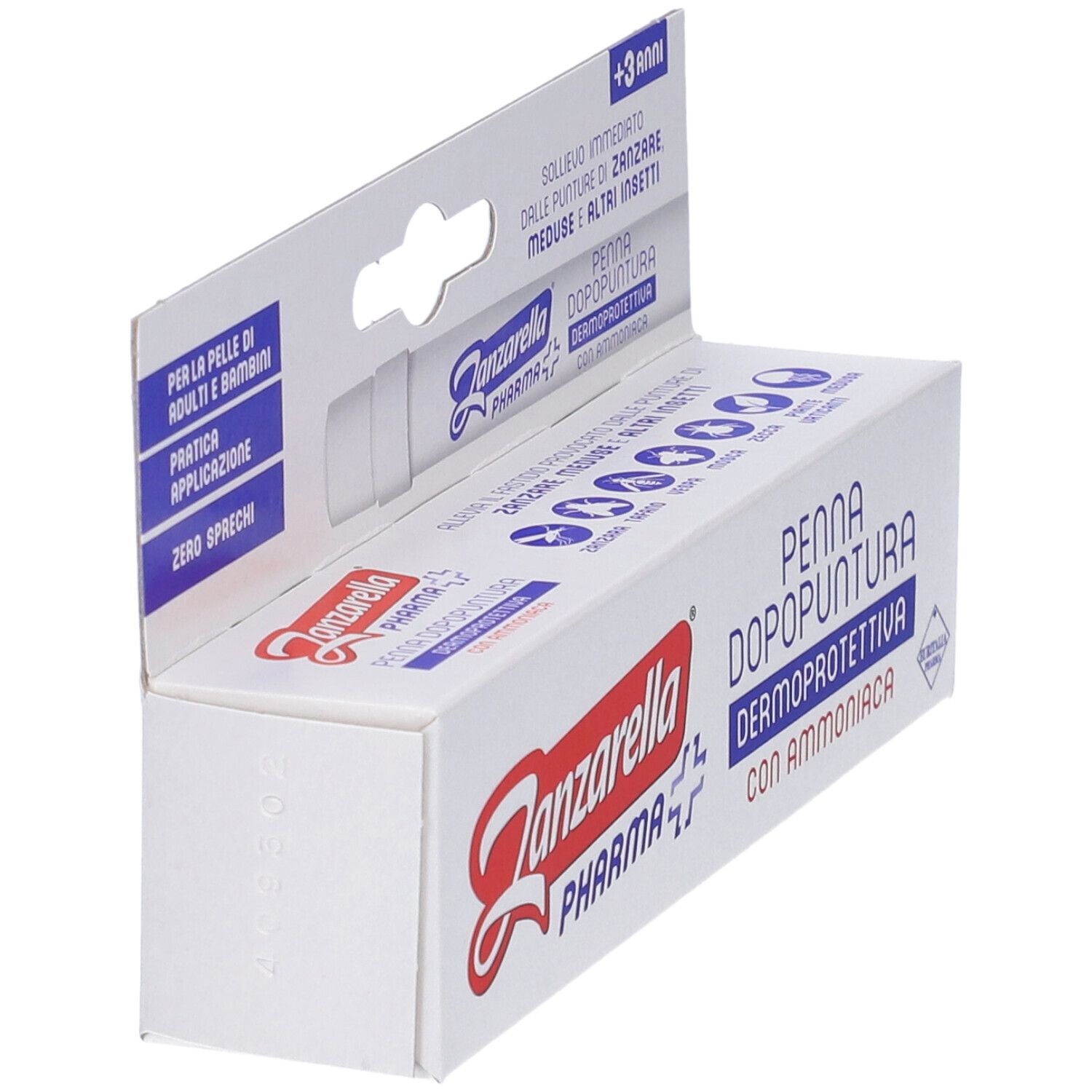 Confezione del prodotto. Testo: Zanzarella Pharma, Penna Dopopuntura, Dermoprotettiva con Ammoniaca. Vista laterale.
