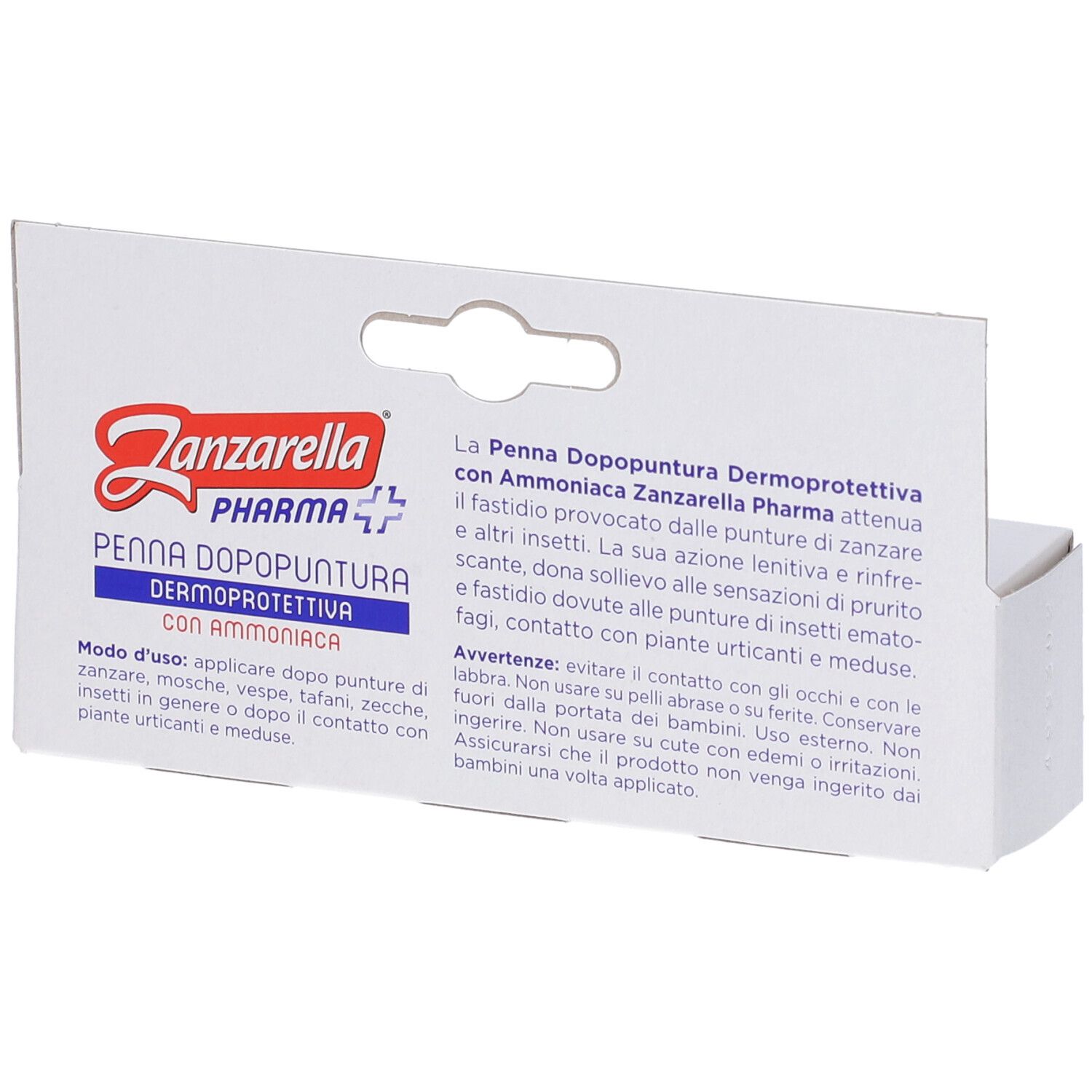 Retro della confezione del prodotto. Testo: Zanzarella Pharma, Penna Dopopuntura, Dermoprotettiva con Ammoniaca. Istruzioni per l'uso.