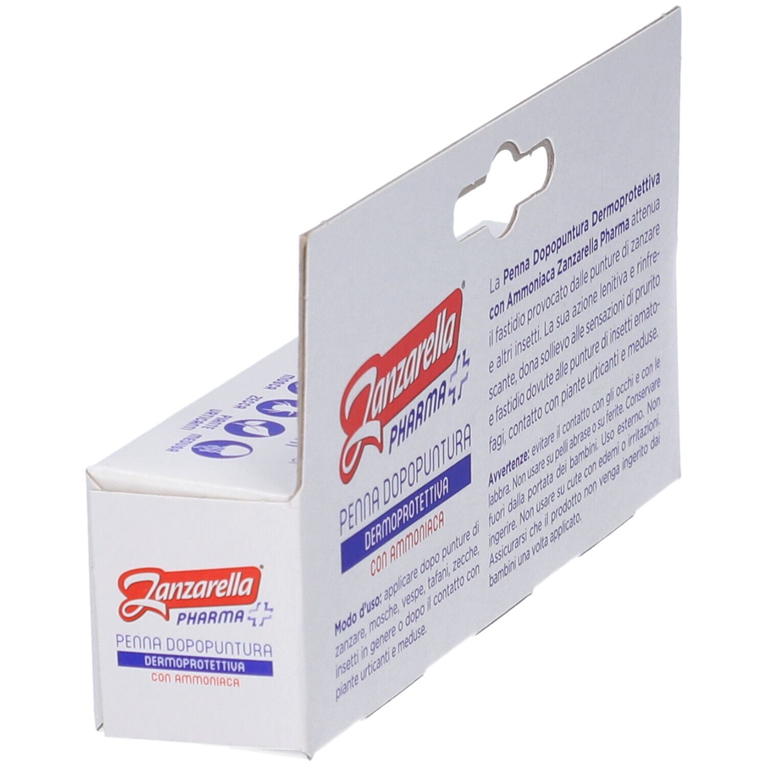 Confezione del prodotto. Testo: Zanzarella Pharma, Penna Dopopuntura, Dermoprotettiva con Ammoniaca. Vista laterale.