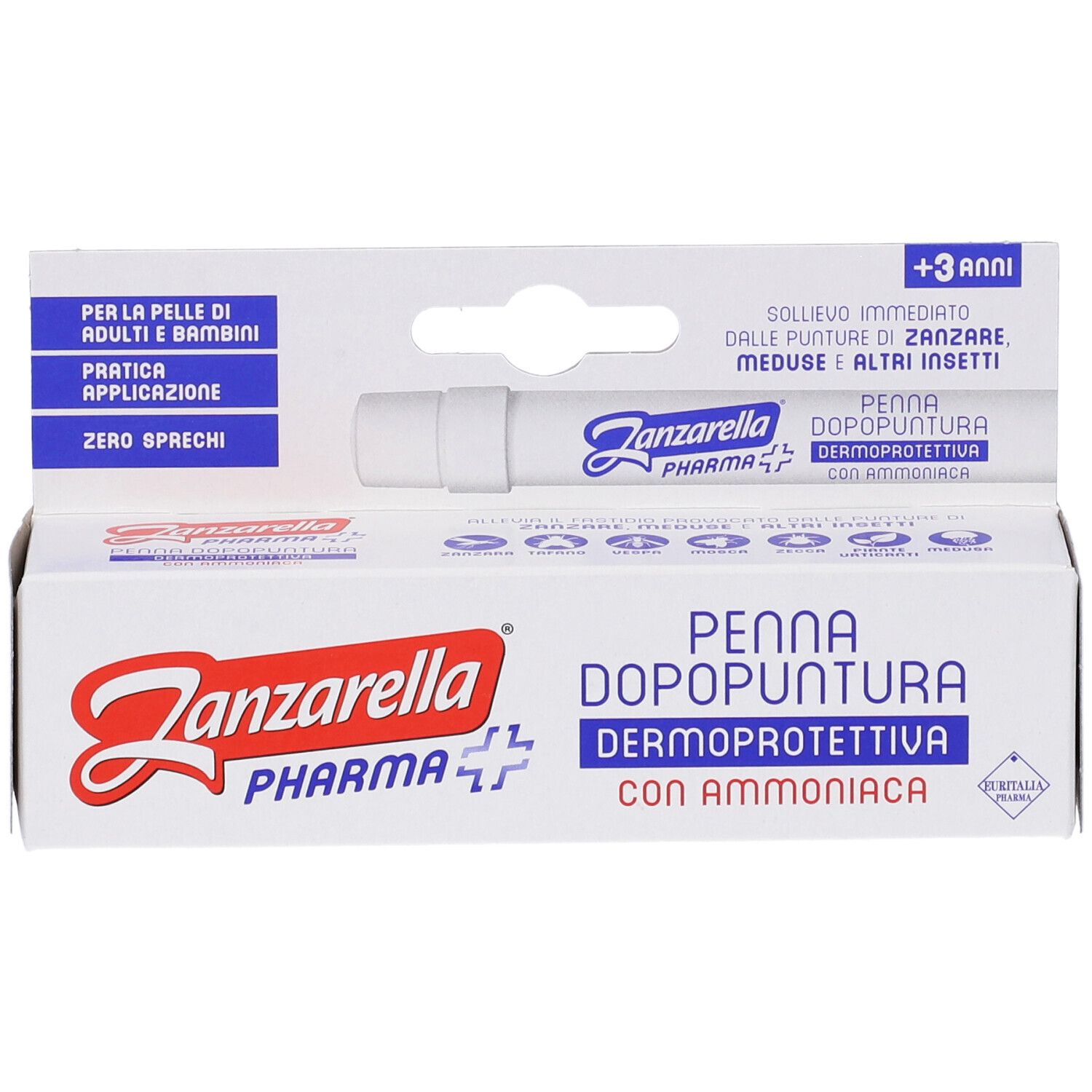 Confezione del prodotto. Testo: Zanzarella Pharma, Penna Dopopuntura, Dermoprotettiva con Ammoniaca. Per bambini e adulti.