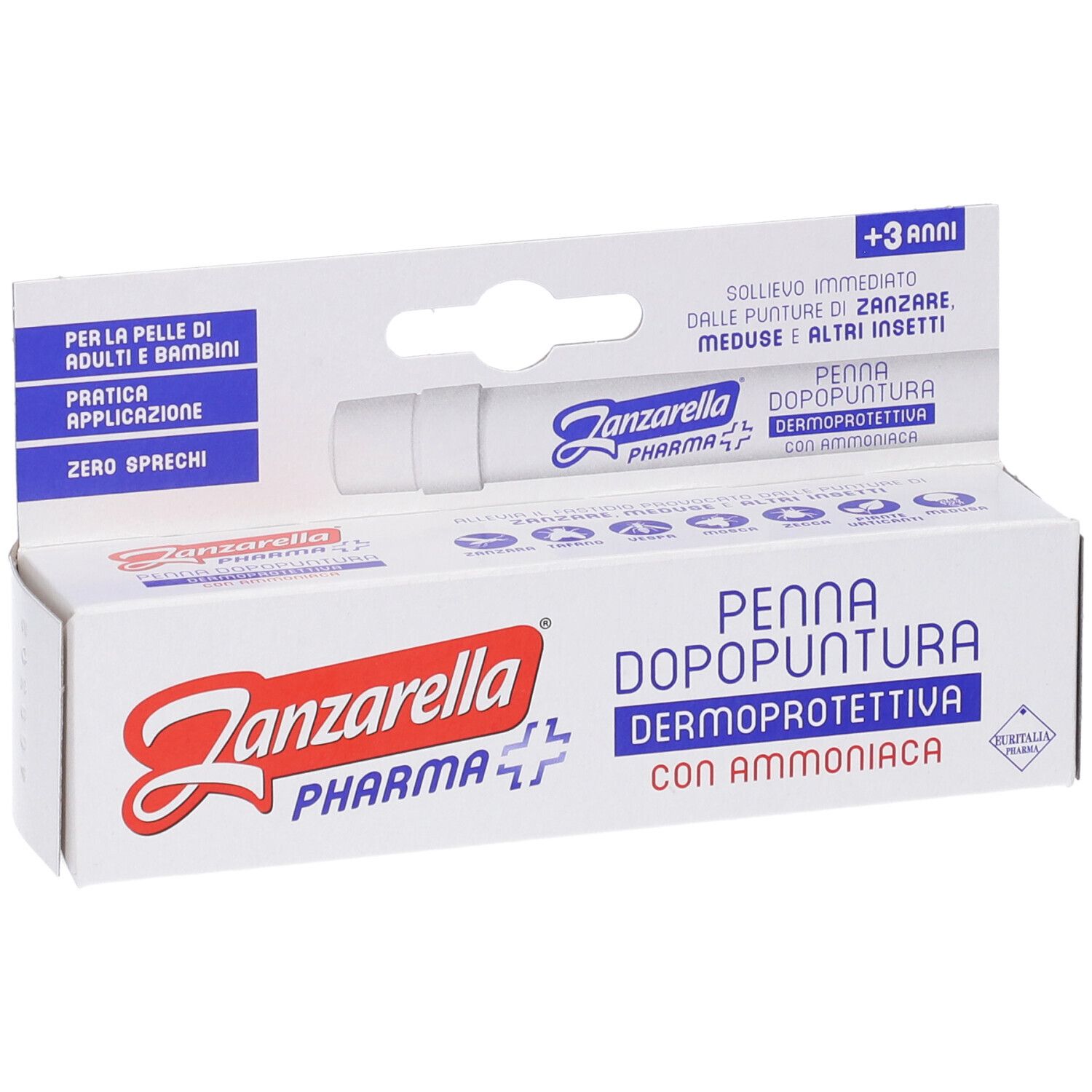 Confezione del prodotto. Testo: Zanzarella Pharma, Penna Dopopuntura, Dermoprotettiva con Ammoniaca. Per bambini e adulti.