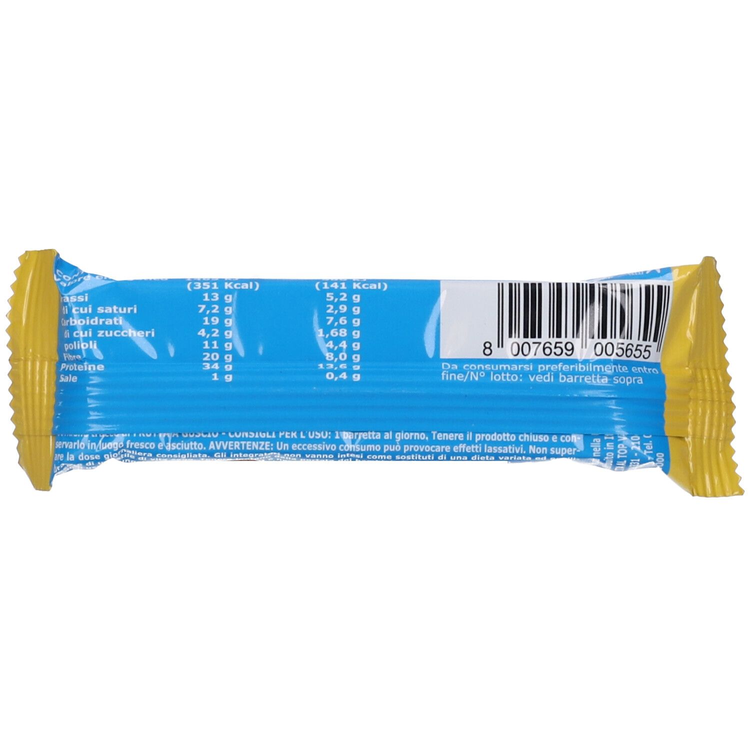 Retro della confezione della barretta proteica Low Sugar. Scritta blu su sfondo giallo. Informazioni nutrizionali e codice a barre.