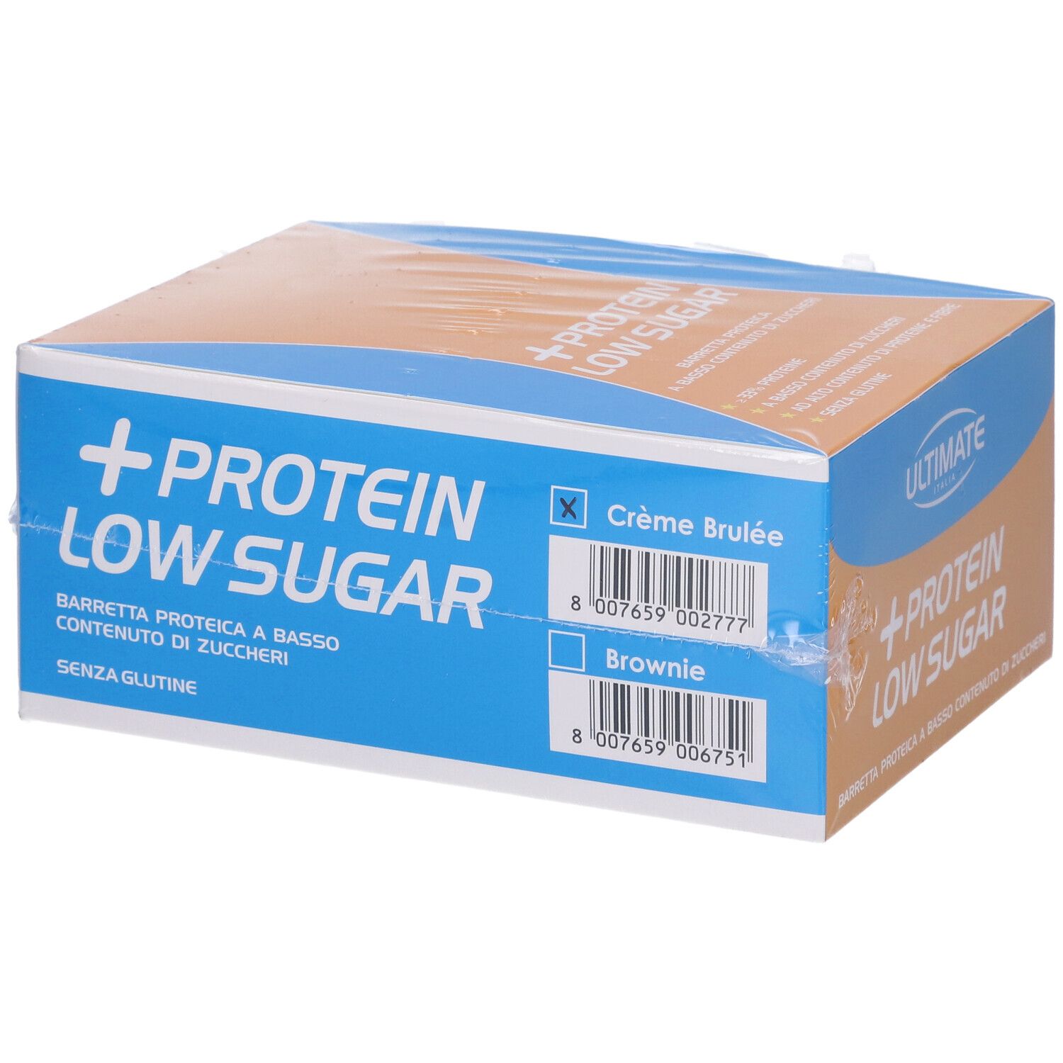 Confezione di barrette proteiche Low Sugar. Scatola blu e marrone con testo: +PROTEIN LOW SUGAR. Gusti: Crème Brûlée e Brownie.