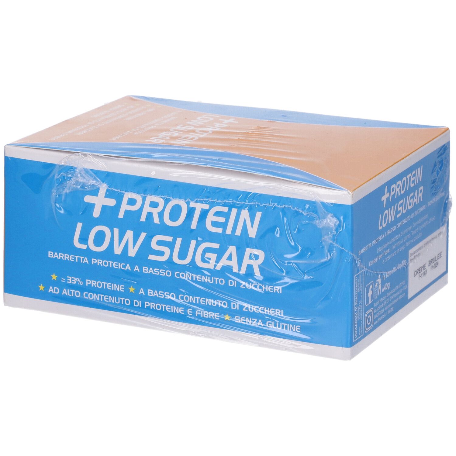 Confezione di barrette proteiche Low Sugar. Scatola blu e marrone con testo: +PROTEIN LOW SUGAR. Contiene 33% di proteine.