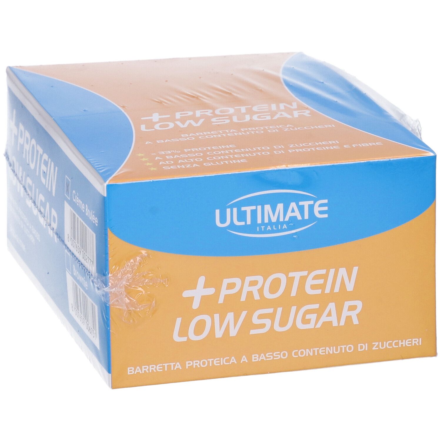 Confezione di barrette proteiche Low Sugar. Scatola blu e marrone con testo: +PROTEIN LOW SUGAR. Marchio: ULTIMATE ITALIA.