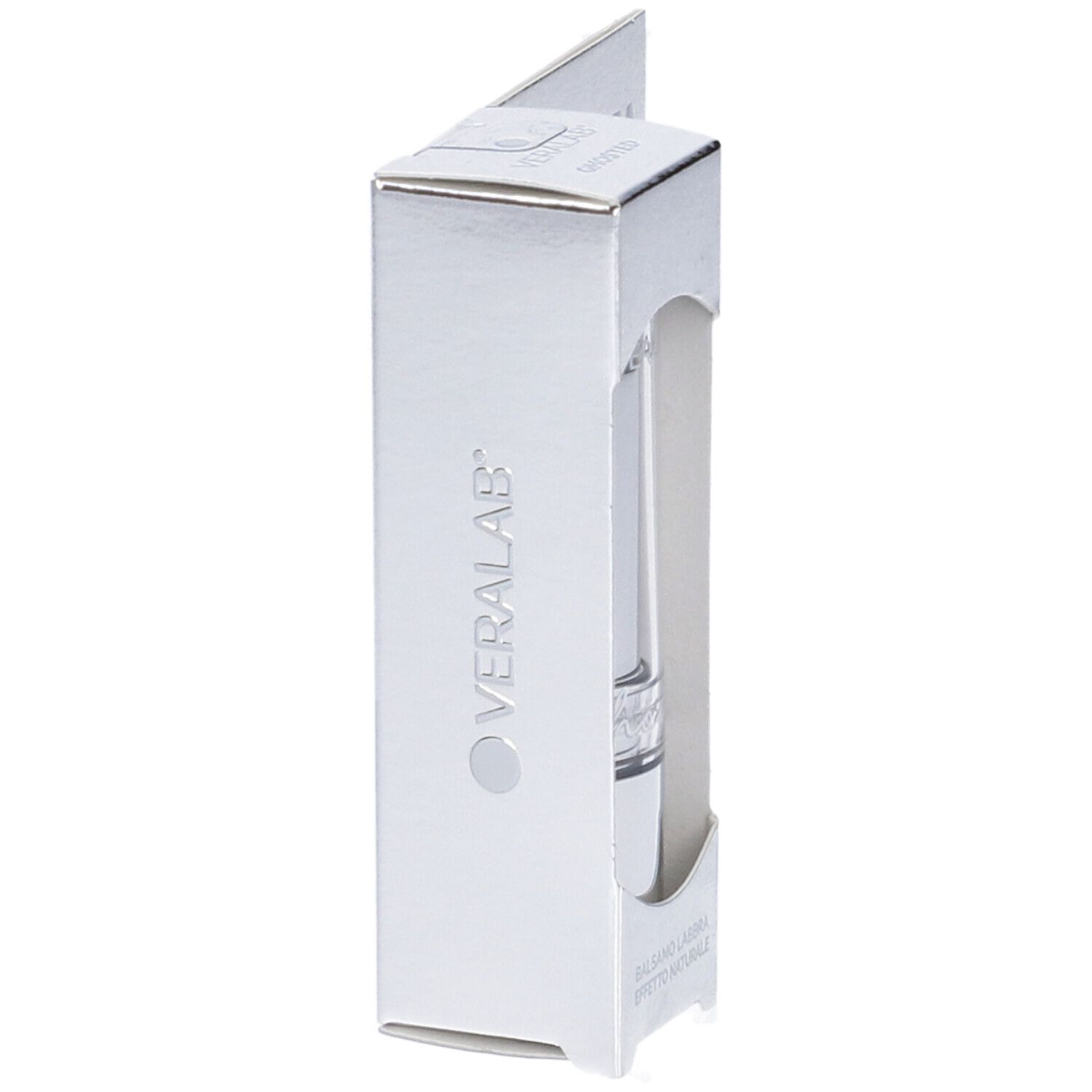 Confezione argento con balsamo labbra. Logo Veralab visibile. Prodotto nella confezione.