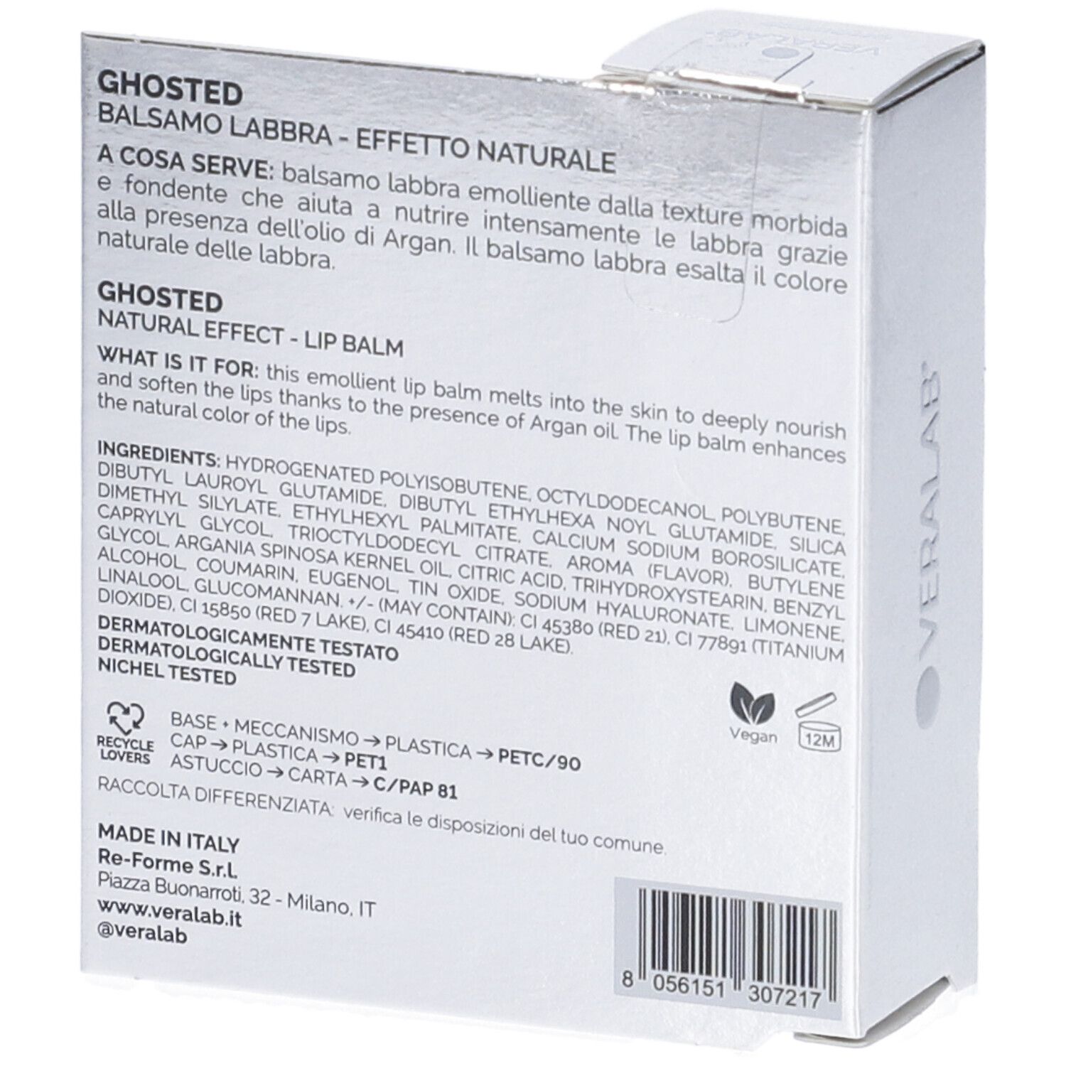 Retro della confezione argento. Testo in italiano. Ingredienti, informazioni produttore e loghi.