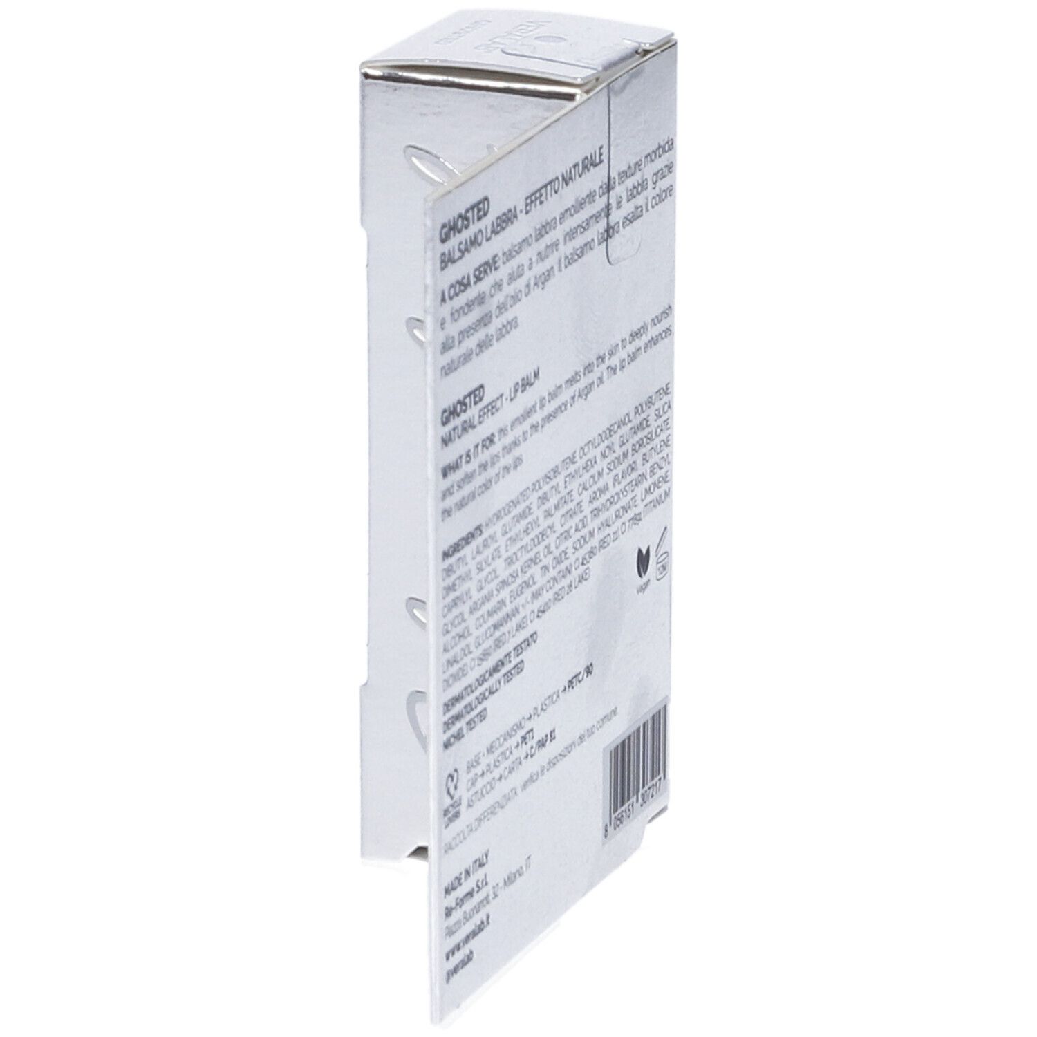 Vista laterale della confezione argento. Testo in italiano. Informazioni sul prodotto.