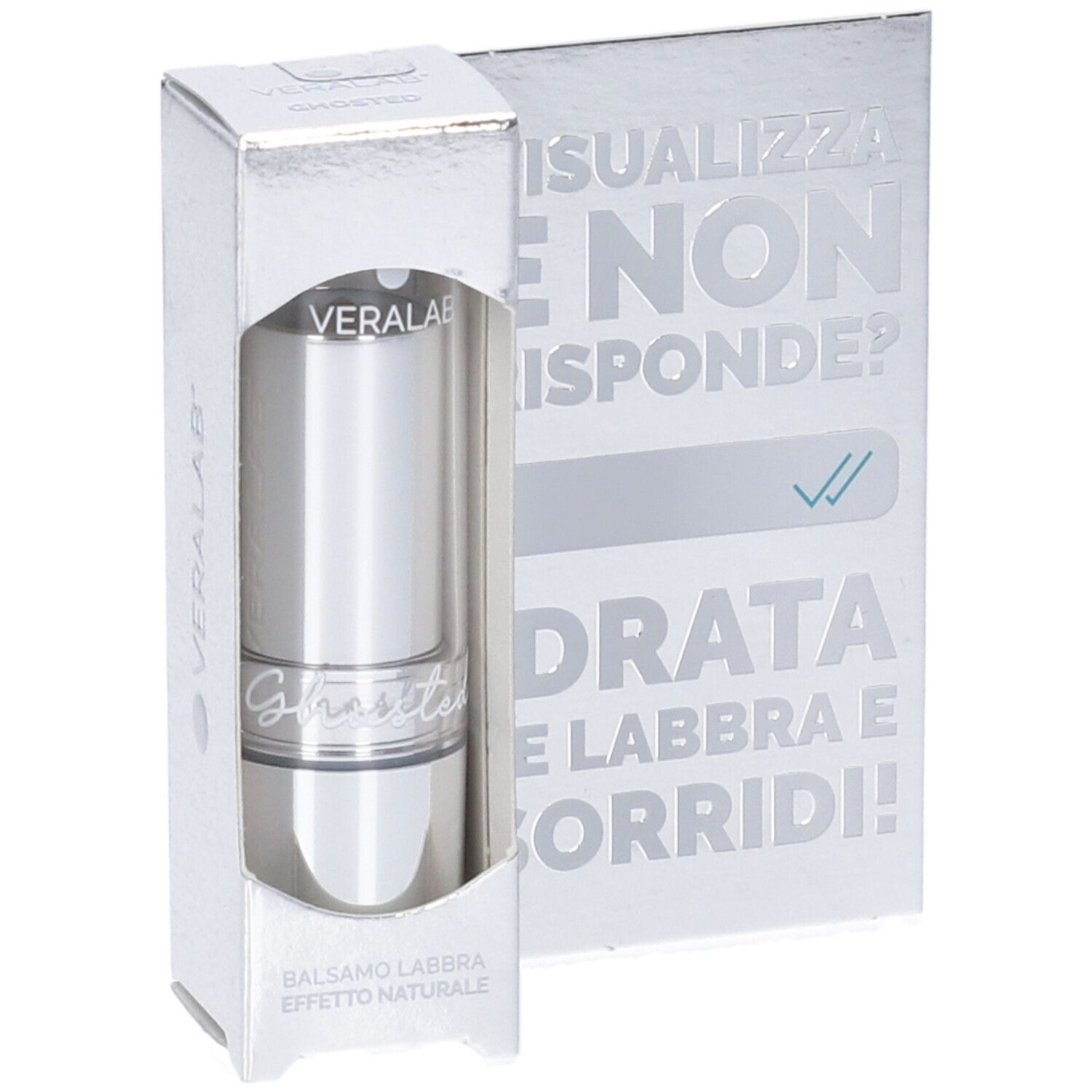 Confezione argento con balsamo labbra. Logo Veralab e nome prodotto Ghosted visibili. Testo in italiano.