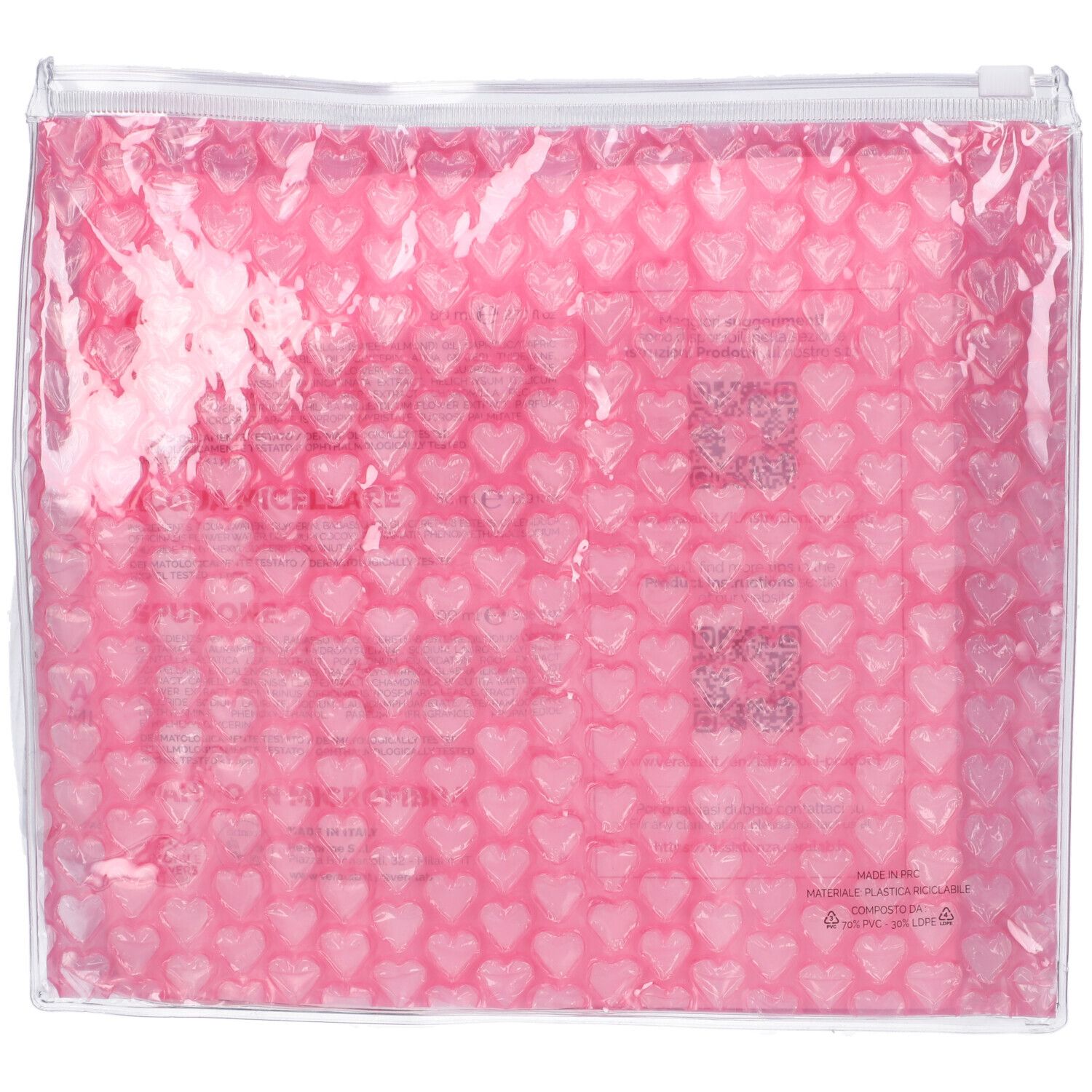 Borsa trasparente con zip. Interno rosa a cuori. Testo e codici QR.