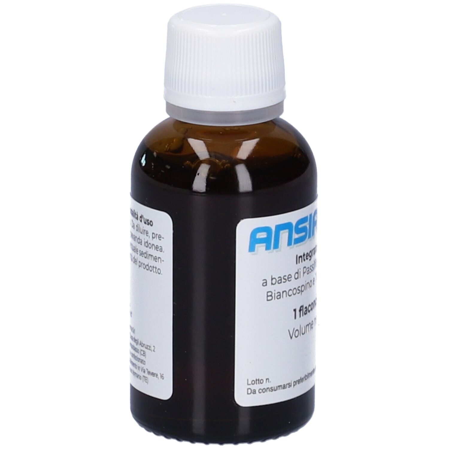 Flacone vetro marrone con tappo bianco. Etichetta con informazioni prodotto. Vista laterale.