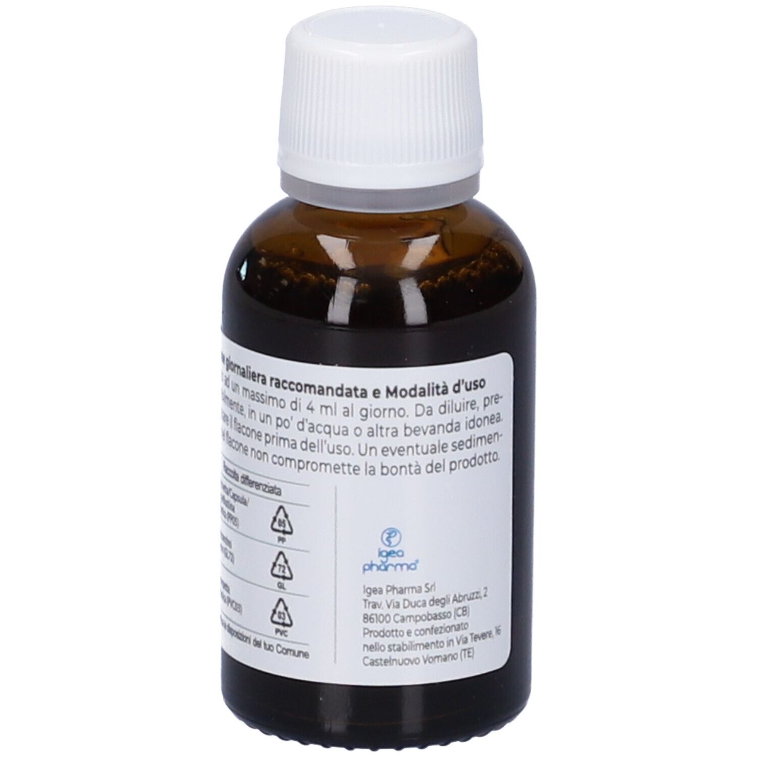 Flacone vetro marrone con tappo bianco. Etichetta con istruzioni e informazioni produttore.