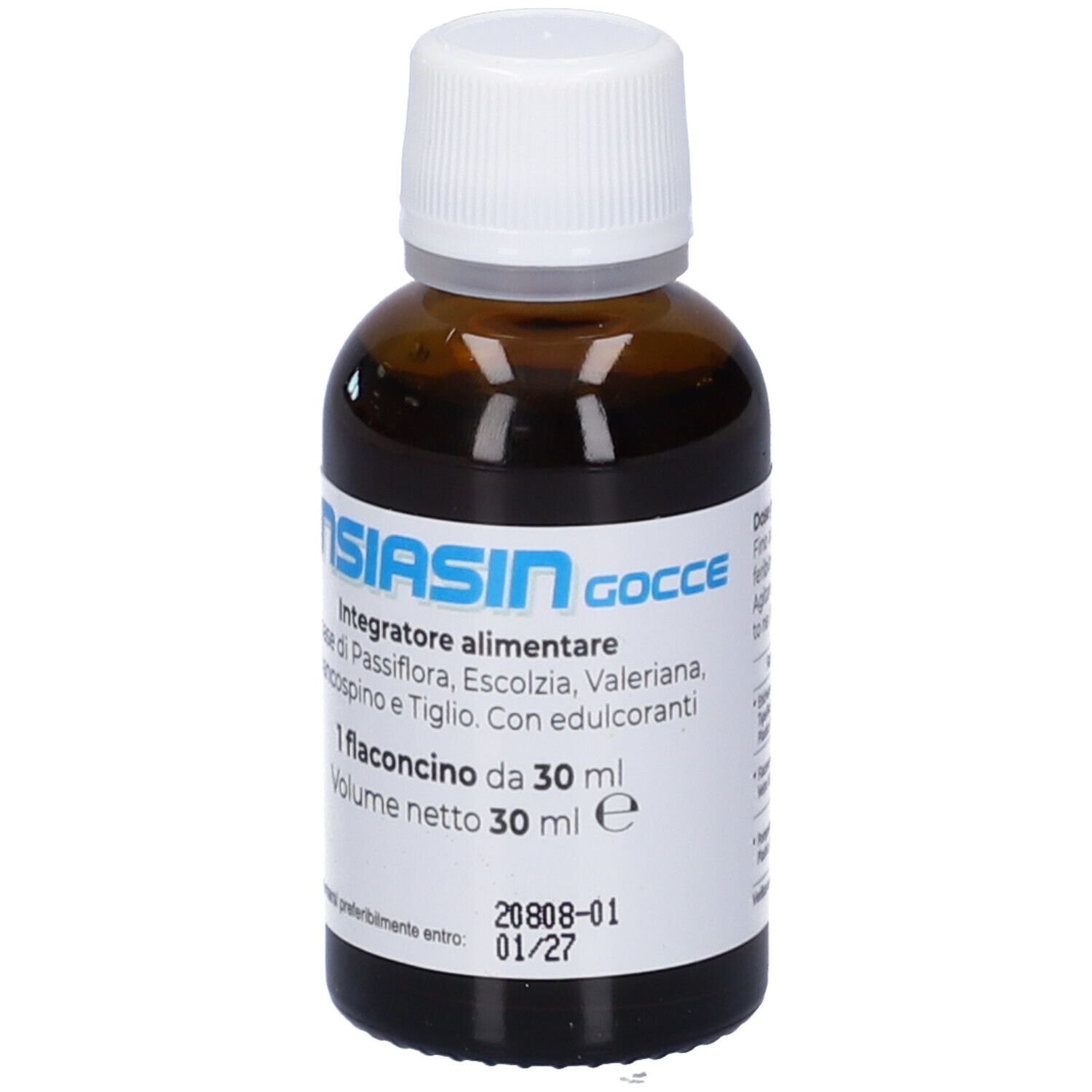 Flacone vetro marrone con tappo bianco. Etichetta con nome e ingredienti. Volume 30 ml.