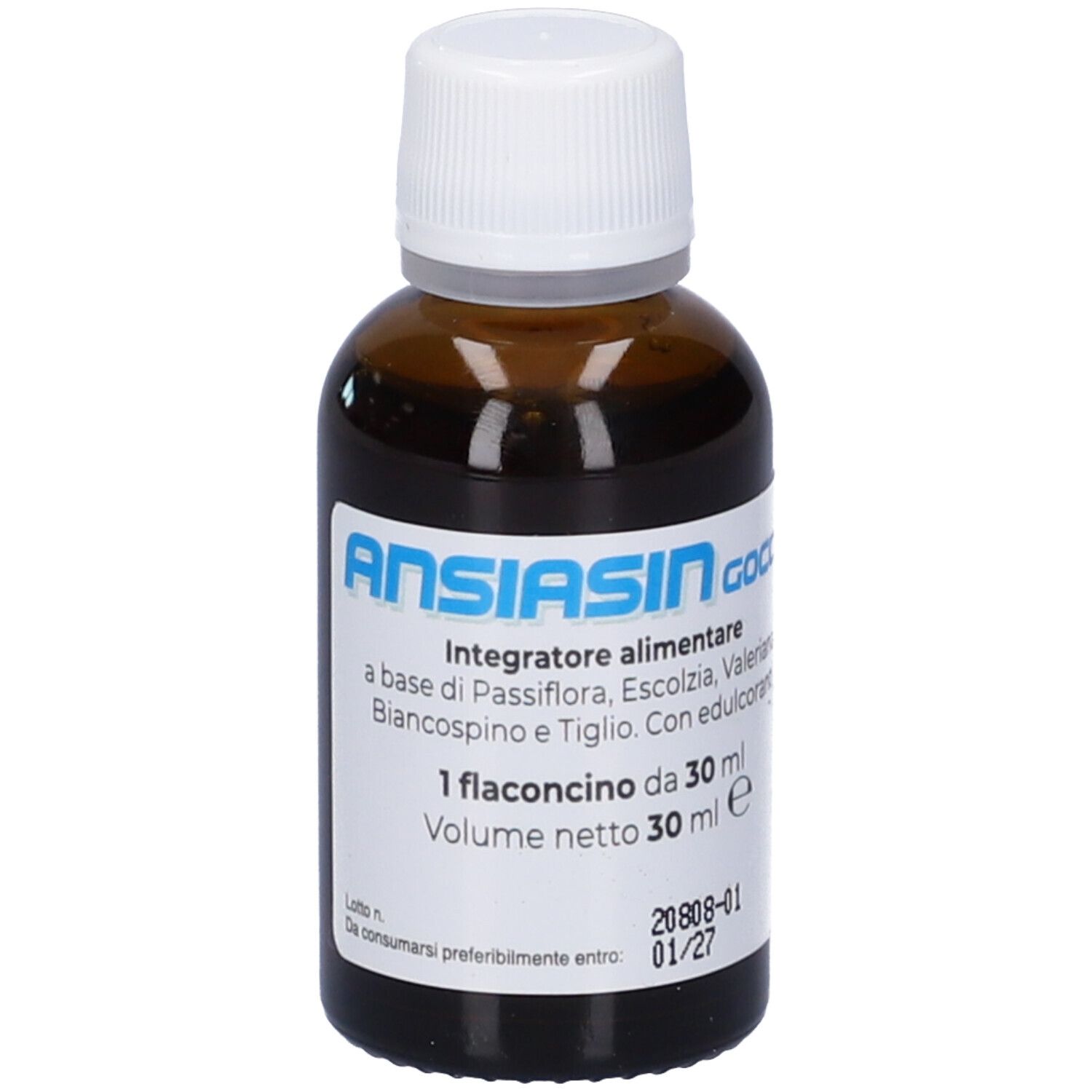 Flacone vetro marrone con tappo bianco. Etichetta con nome e ingredienti. Volume 30 ml.