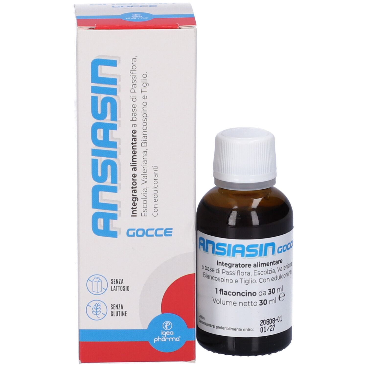 Flacone e confezione. Flacone marrone, tappo bianco. Confezione bianca con nome prodotto.