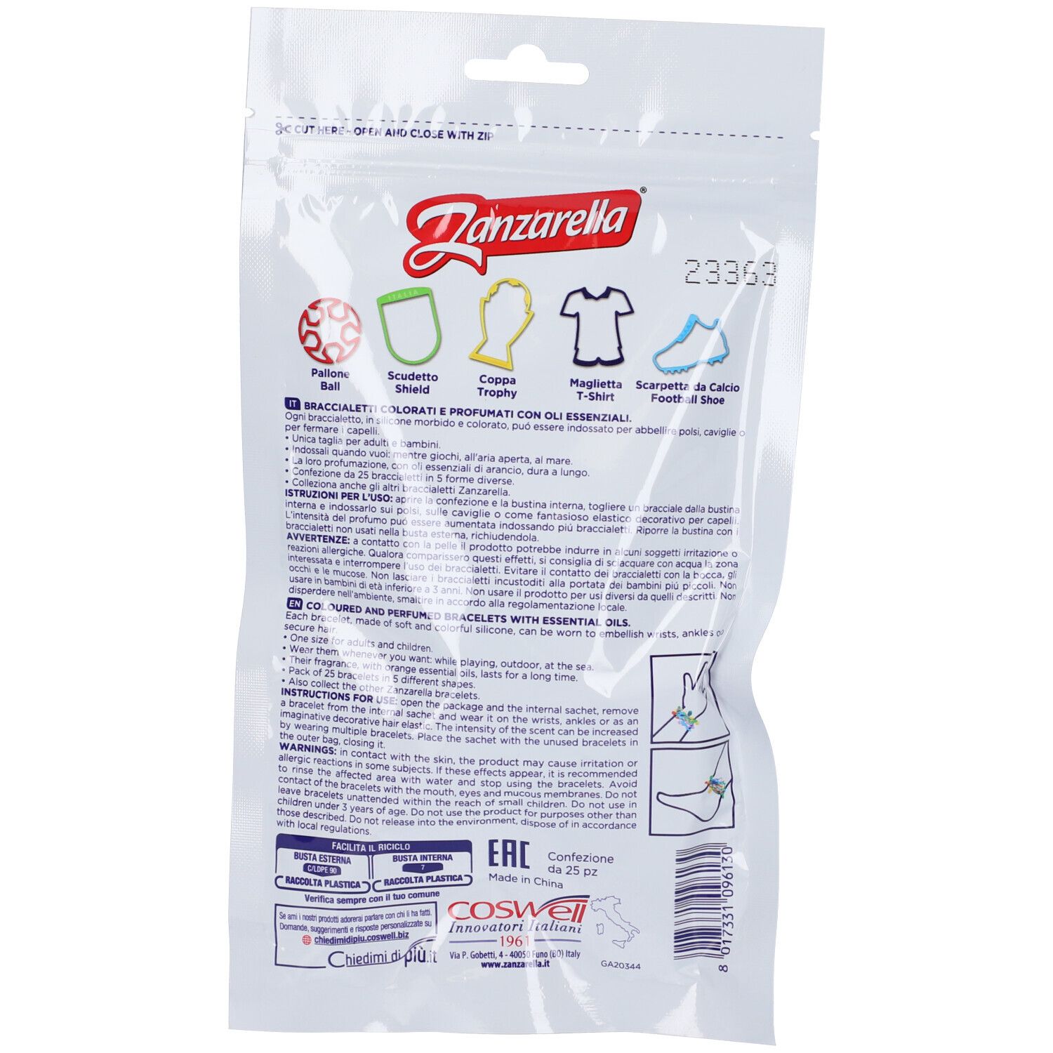 Retro confezione Zanzarella. Testo e illustrazioni: pallone, scudo, guanto, maglietta, scarpe. Istruzioni per l'uso e avvertenze.