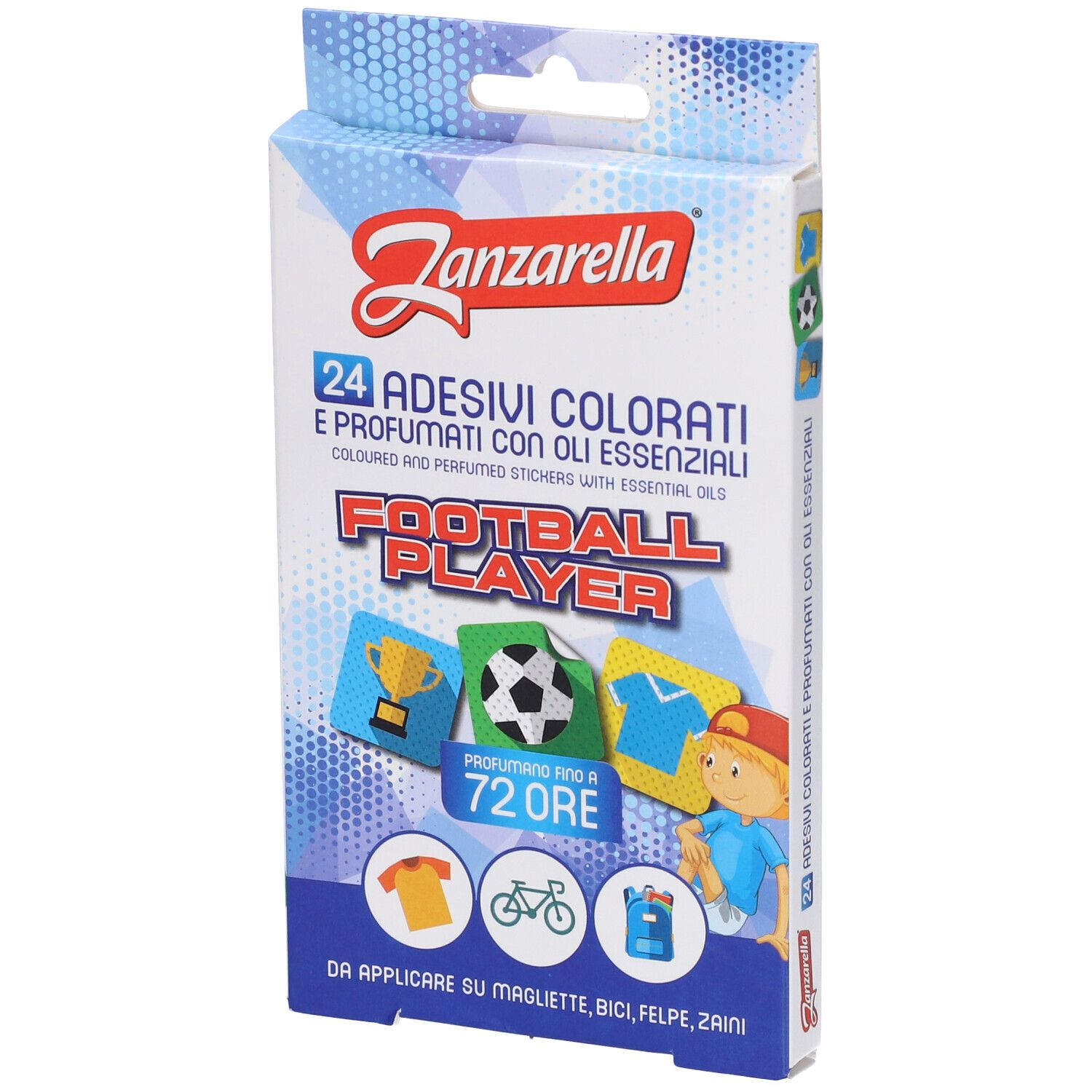 Confezione di 24 adesivi colorati e profumati. Tema: calciatore. Contiene oli essenziali. Marca: Zanzarella.
