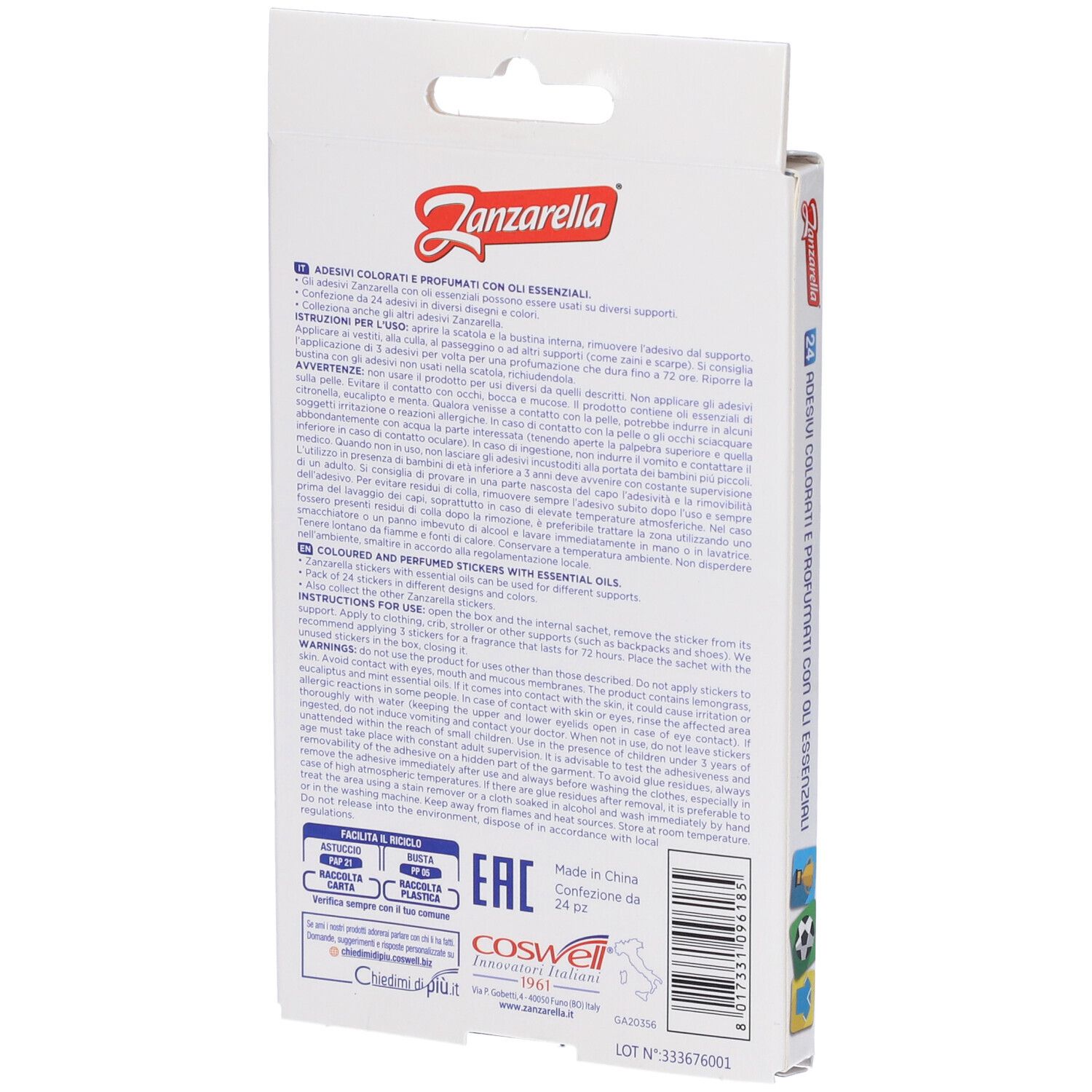 Retro della confezione con testo e loghi. Contiene 24 adesivi profumati colorati. Marca: Zanzarella.