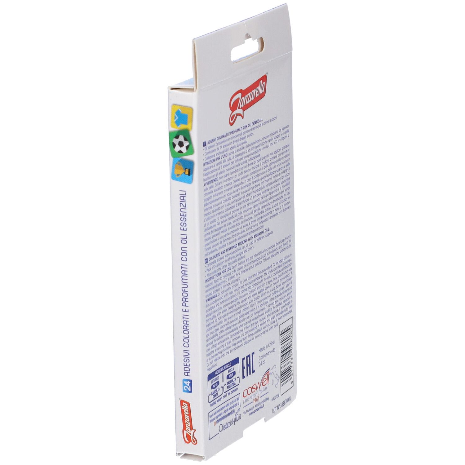 Vista laterale della confezione con testo e loghi. Contiene 24 adesivi profumati colorati. Marca: Zanzarella.