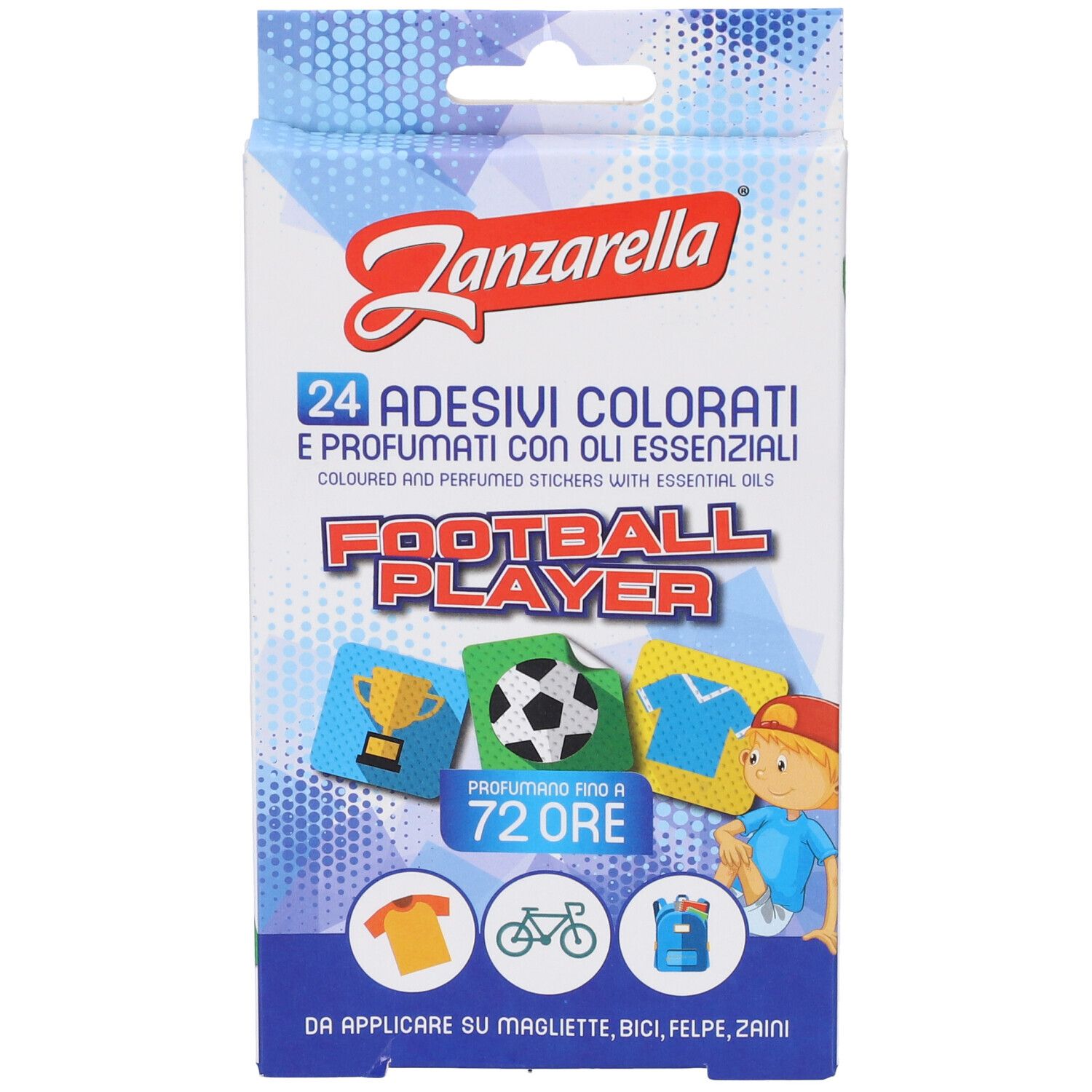 Confezione di 24 adesivi colorati e profumati. Tema: calciatore. Contiene oli essenziali. Marca: Zanzarella.
